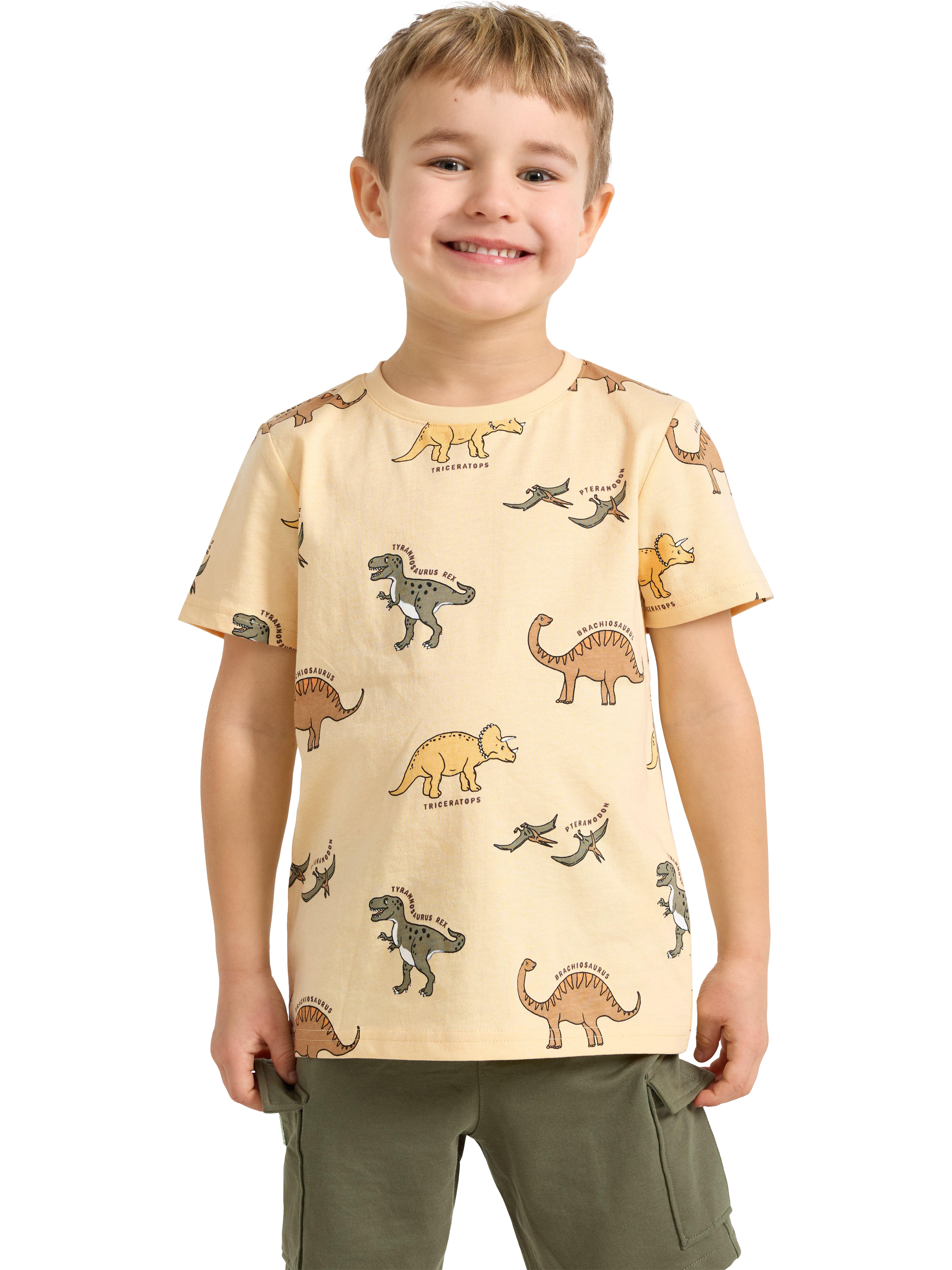 Product image 1 of 6, which shows Lindex Kids' Short Sleeve Dino Print T-Shirt, Light Dusty Yellow, 18-24 months