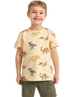 Lindex Kids' Short Sleeve Dino Print T-Shirt, Light Dusty Yellow