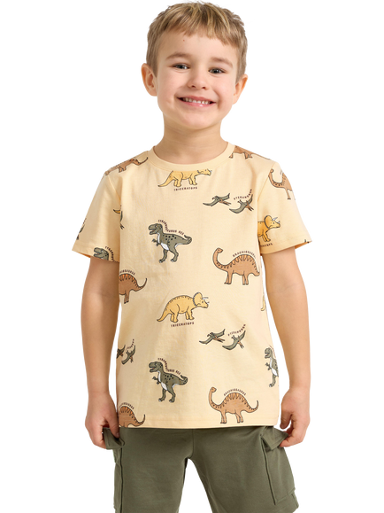 Lindex Kids' Short Sleeve Dino Print T-Shirt, Light Dusty Yellow