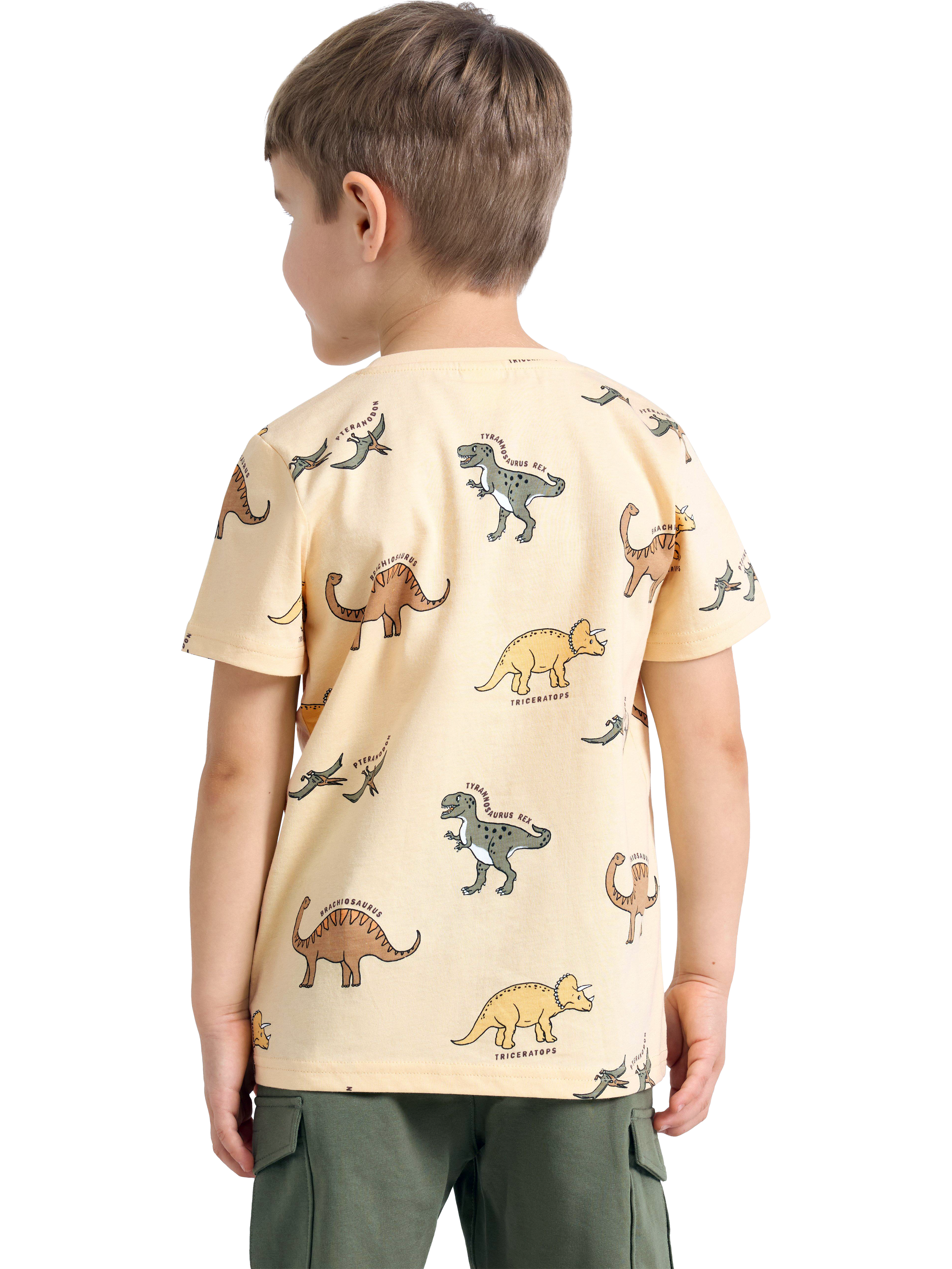 Product image 2 of 6, which shows Lindex Kids' Short Sleeve Dino Print T-Shirt, Light Dusty Yellow, 18-24 months