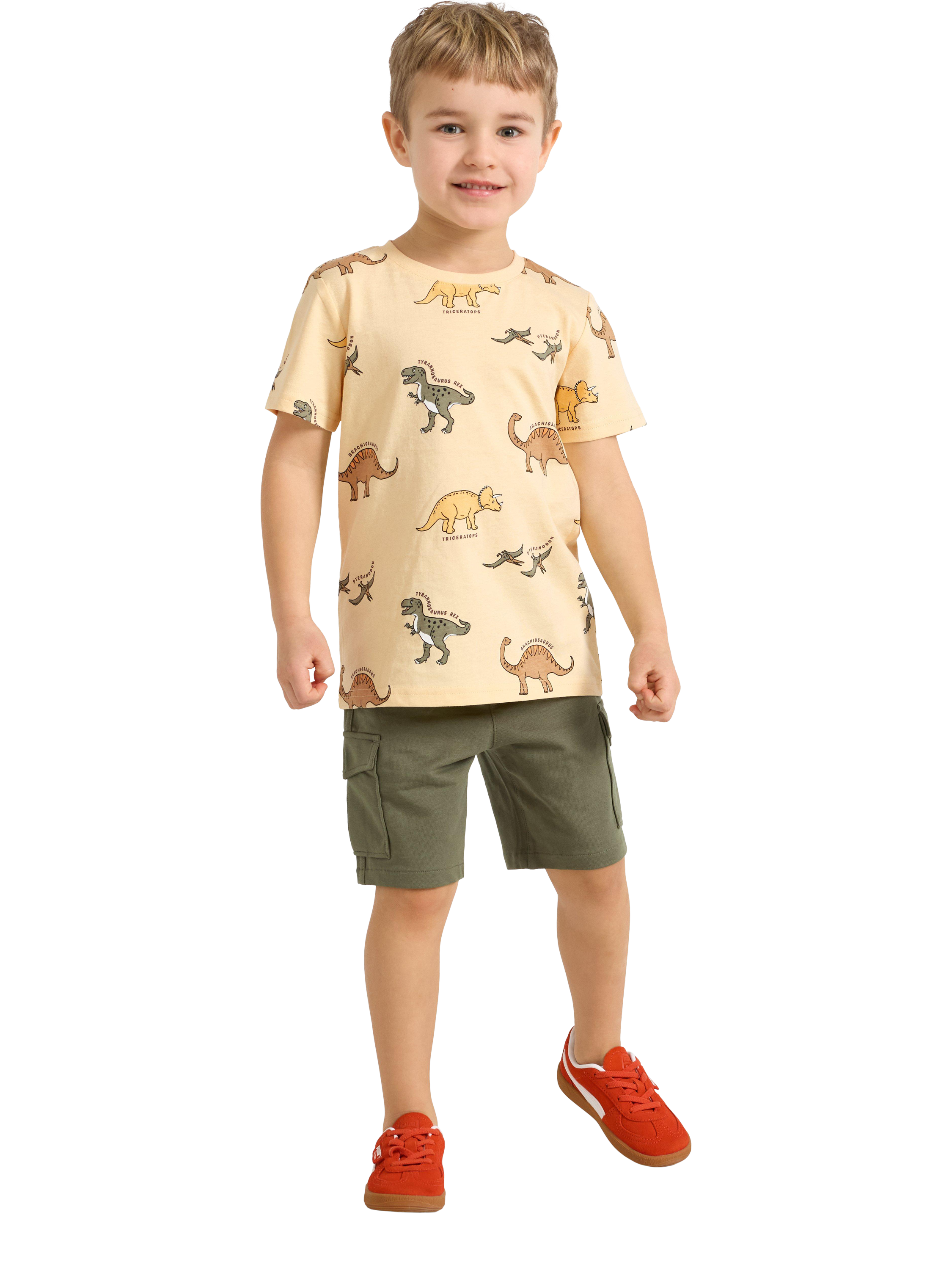 Product image 3 of 6, which shows Lindex Kids' Short Sleeve Dino Print T-Shirt, Light Dusty Yellow, 18-24 months