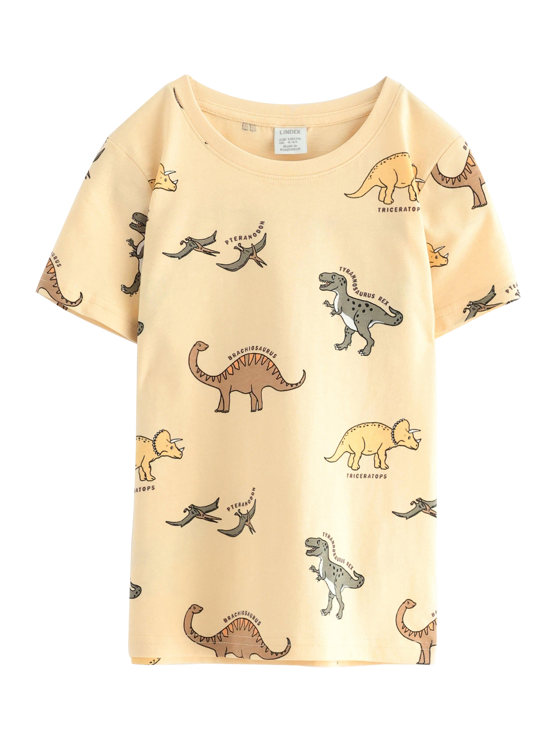 Product image 4 of 6, which shows Lindex Kids' Short Sleeve Dino Print T-Shirt, Light Dusty Yellow, 18-24 months