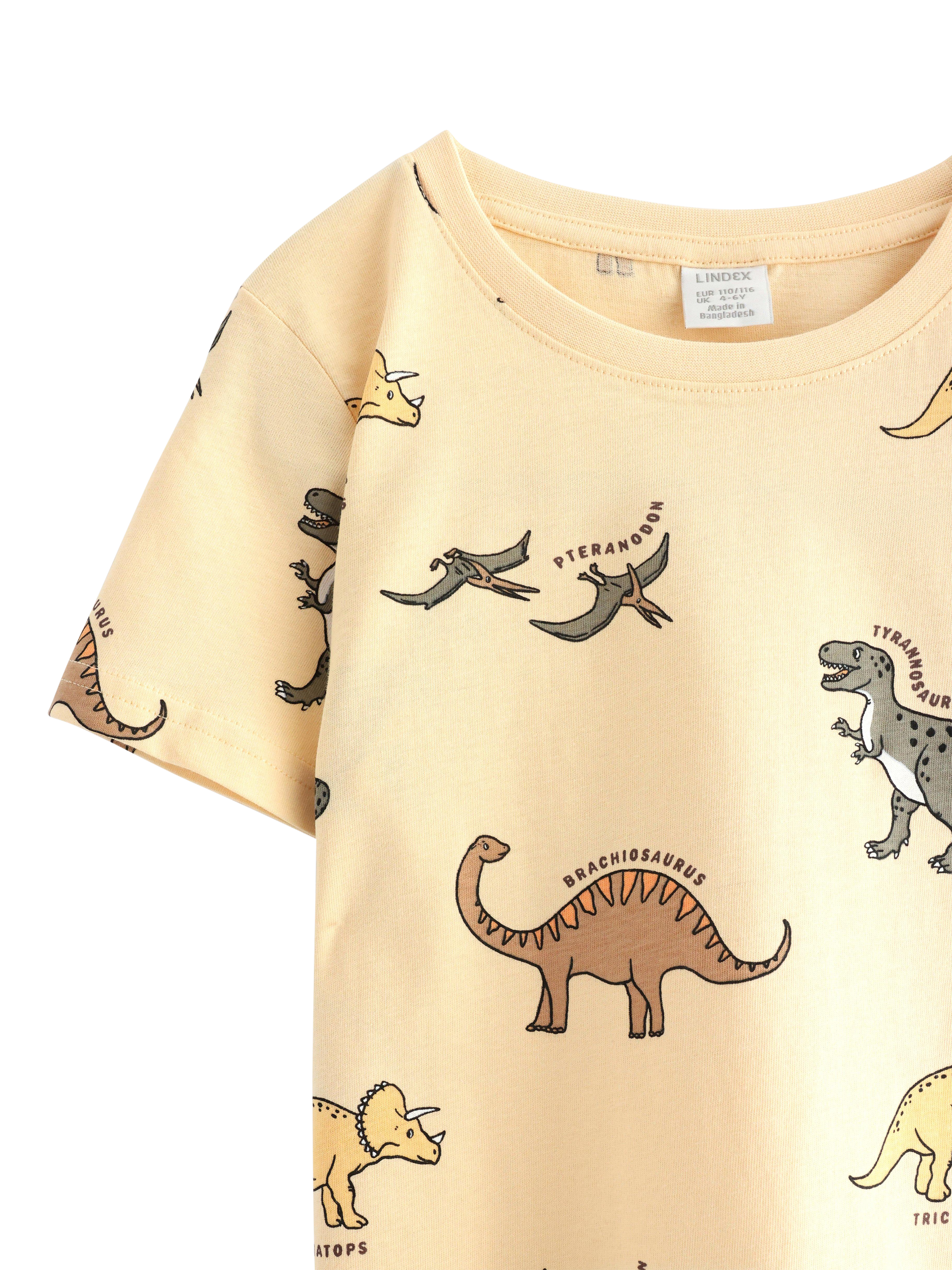 Product image 6 of 6, which shows Lindex Kids' Short Sleeve Dino Print T-Shirt, Light Dusty Yellow, 18-24 months