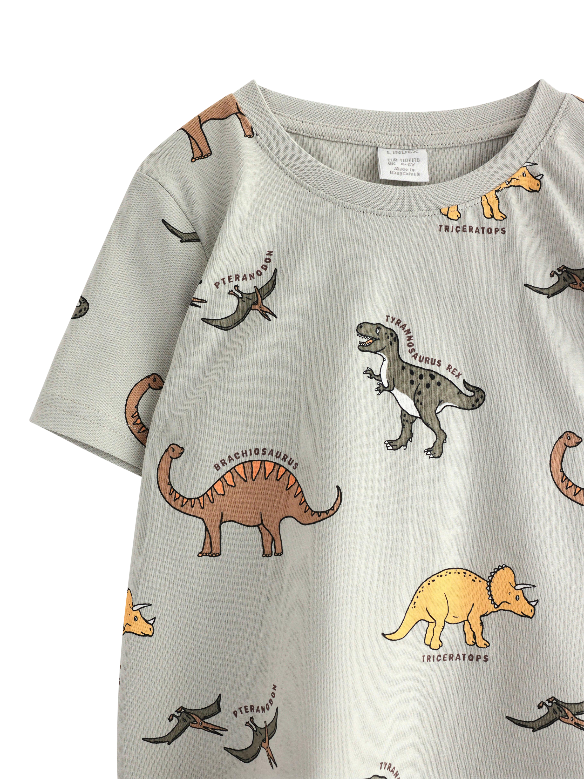 Product image 6 of 6, which shows Lindex Kids' Short Sleeve Dinosaur Print T-Shirt, Light Dusty Green, 2-4 years