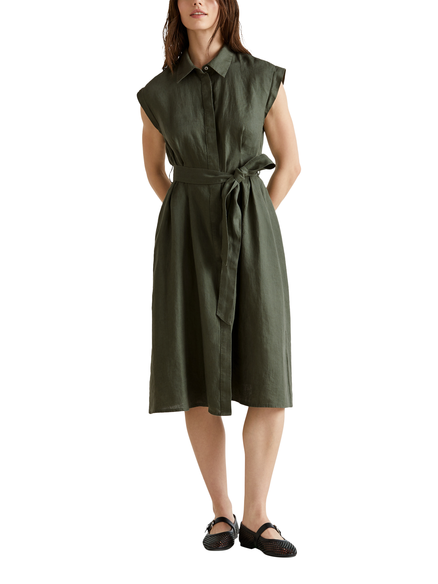 Product image 1 of 5, which shows Benetton Sleeveless Tie Waist Pure Linen Shirt Dress, Mid Green, S