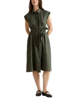 Benetton Sleeveless Tie Waist Pure Linen Shirt Dress, Mid Green, Mid Green