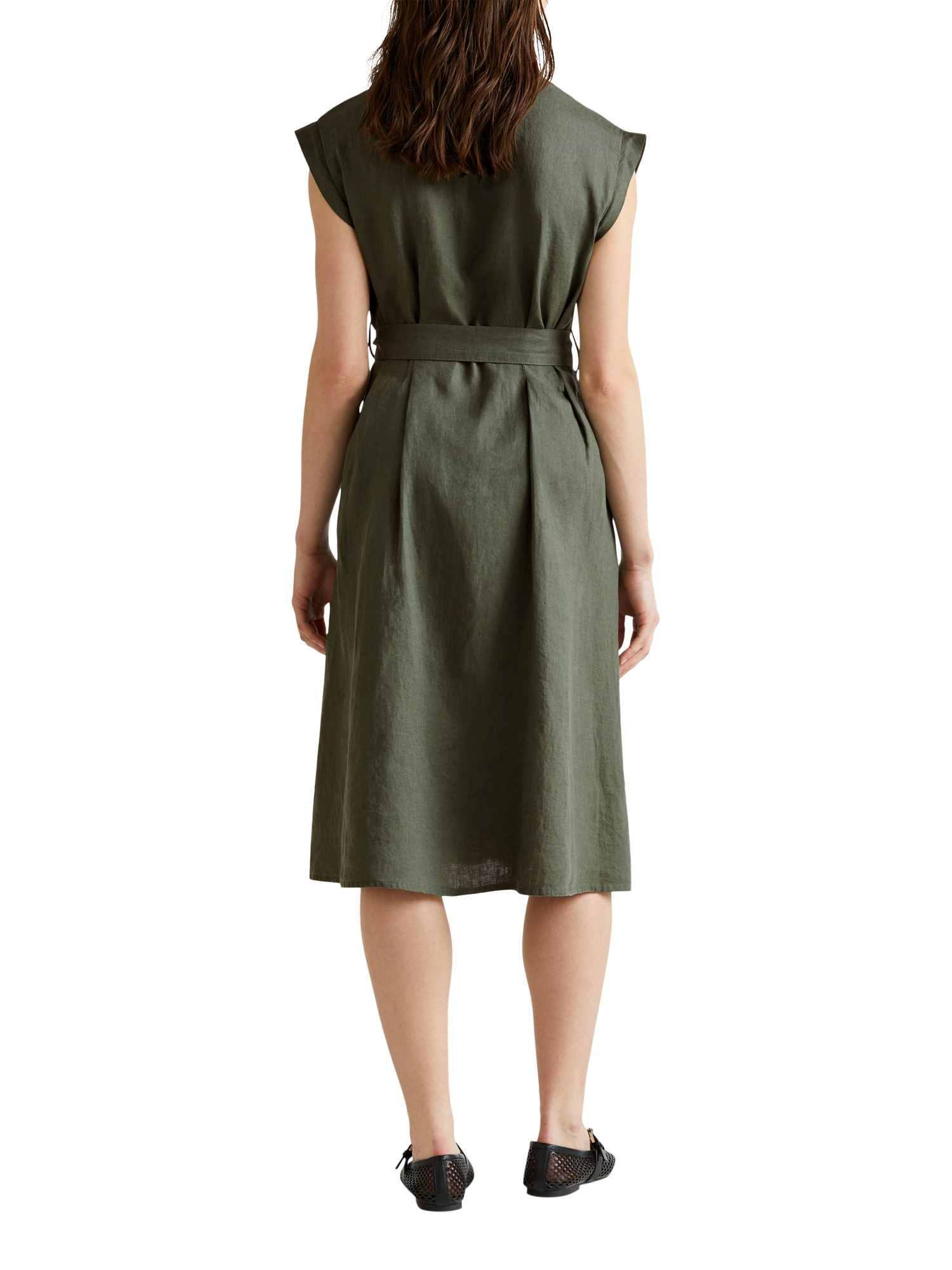 Product image 2 of 5, which shows Benetton Sleeveless Tie Waist Pure Linen Shirt Dress, Mid Green, S