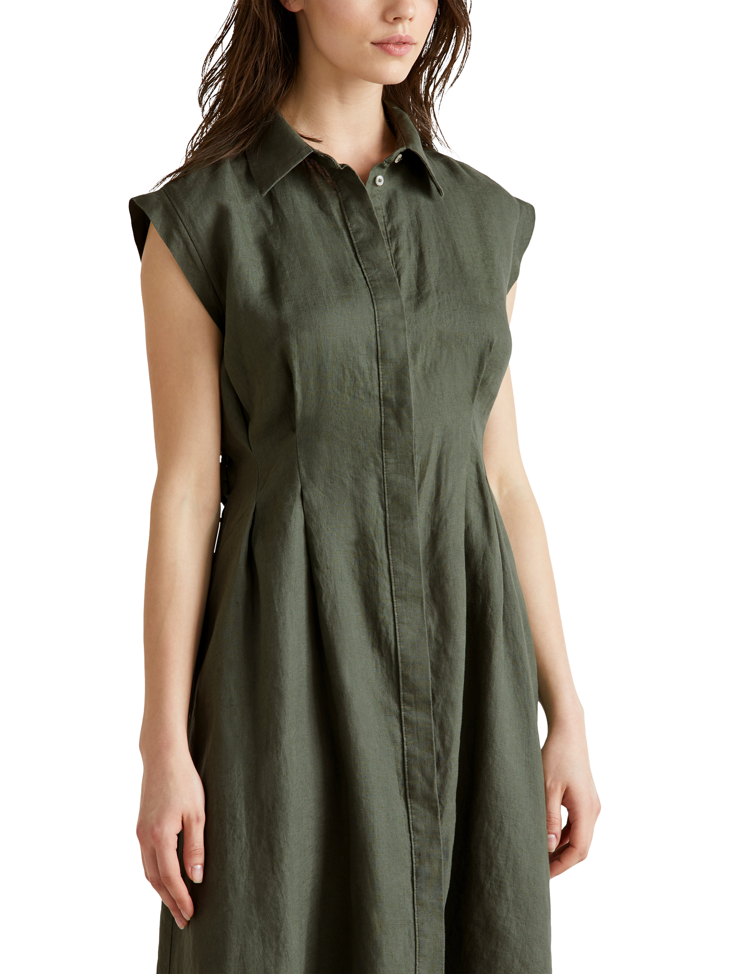 Product image 3 of 5, which shows Benetton Sleeveless Tie Waist Pure Linen Shirt Dress, Mid Green, S
