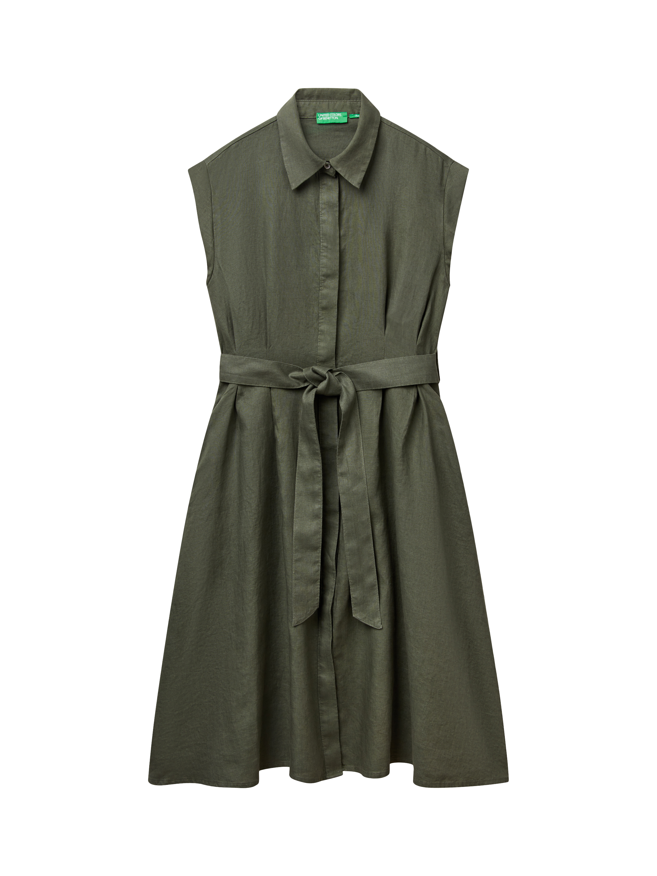 Product image 4 of 5, which shows Benetton Sleeveless Tie Waist Pure Linen Shirt Dress, Mid Green, S