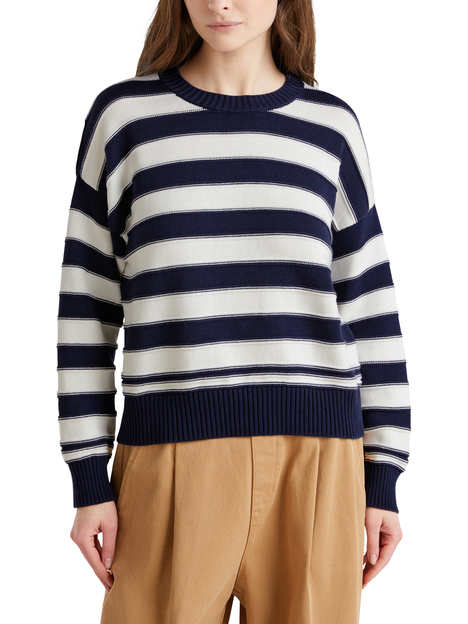 Product image 1 of 6, which shows Benetton Stripe Crew Neck Jumper, Navy/White, M