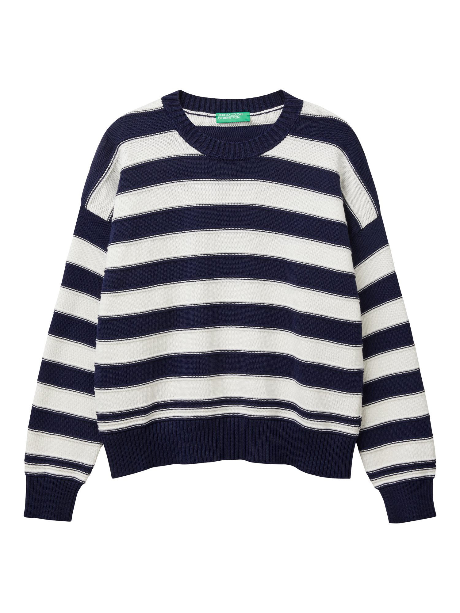Product image 4 of 6, which shows Benetton Stripe Crew Neck Jumper, Navy/White, M