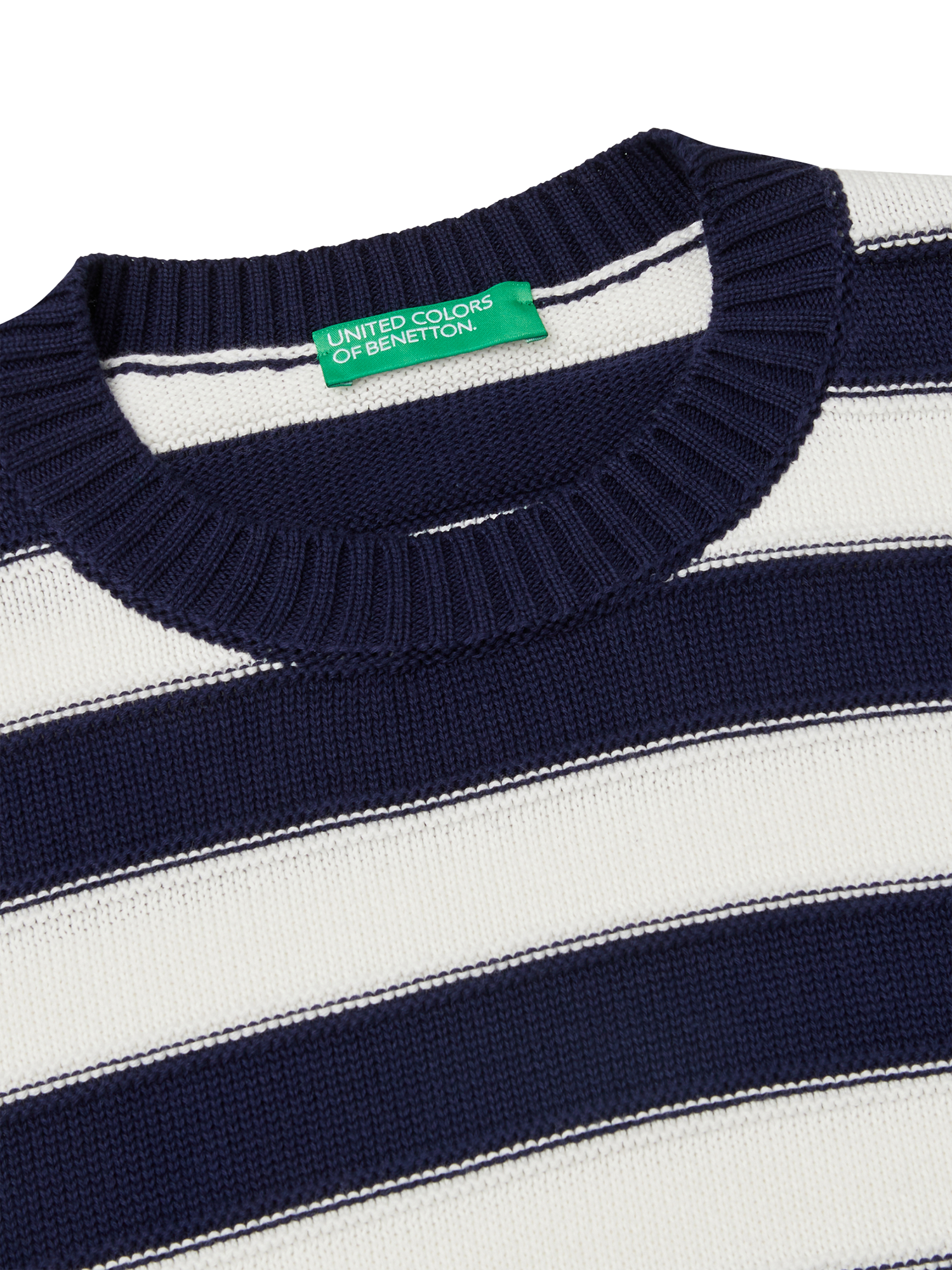 Product image 6 of 6, which shows Benetton Stripe Crew Neck Jumper, Navy/White, M