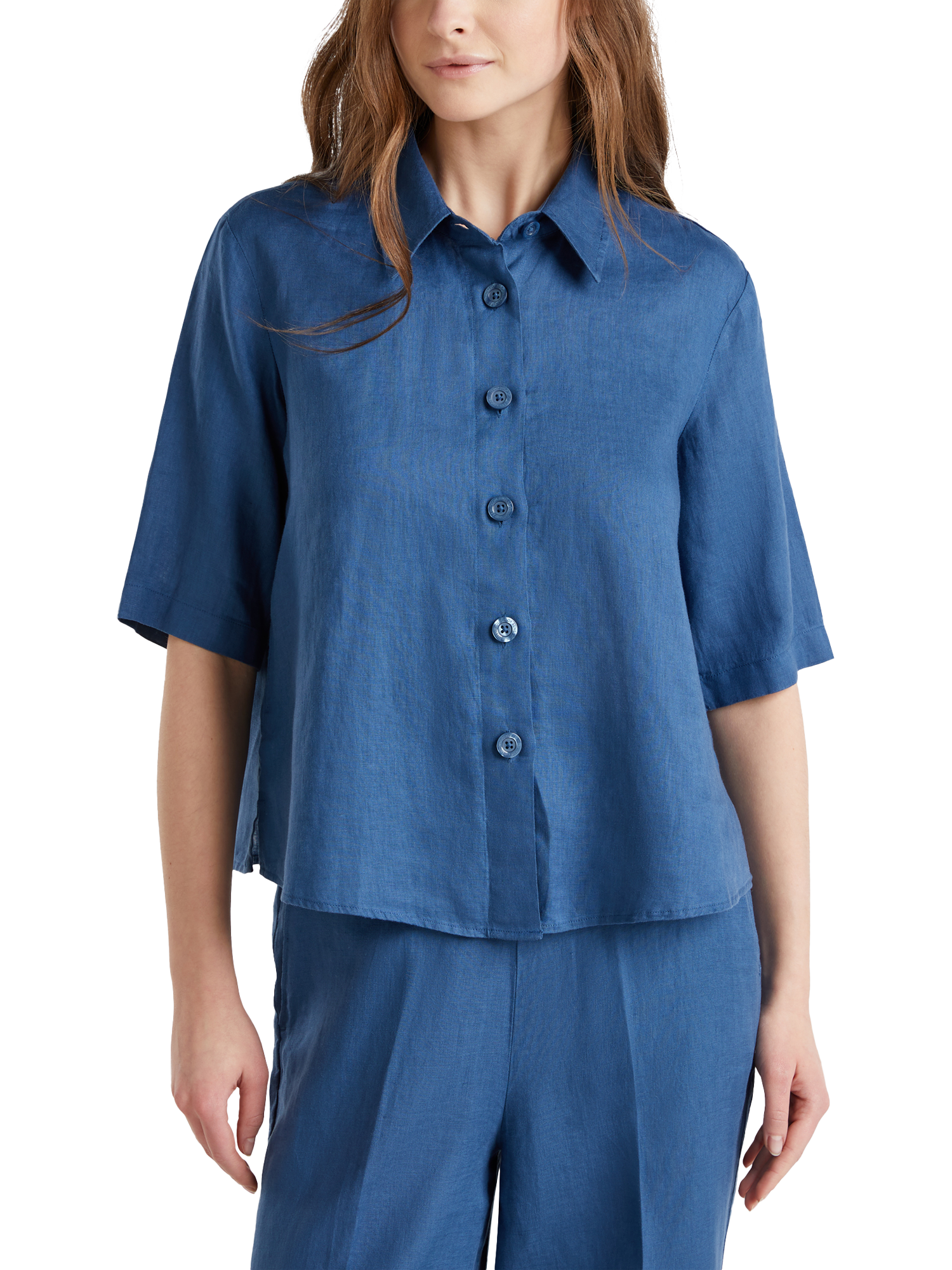 Product image 1 of 4, which shows Benetton Boxy Fit Pure Linen Shirt, Mid Blue, XS