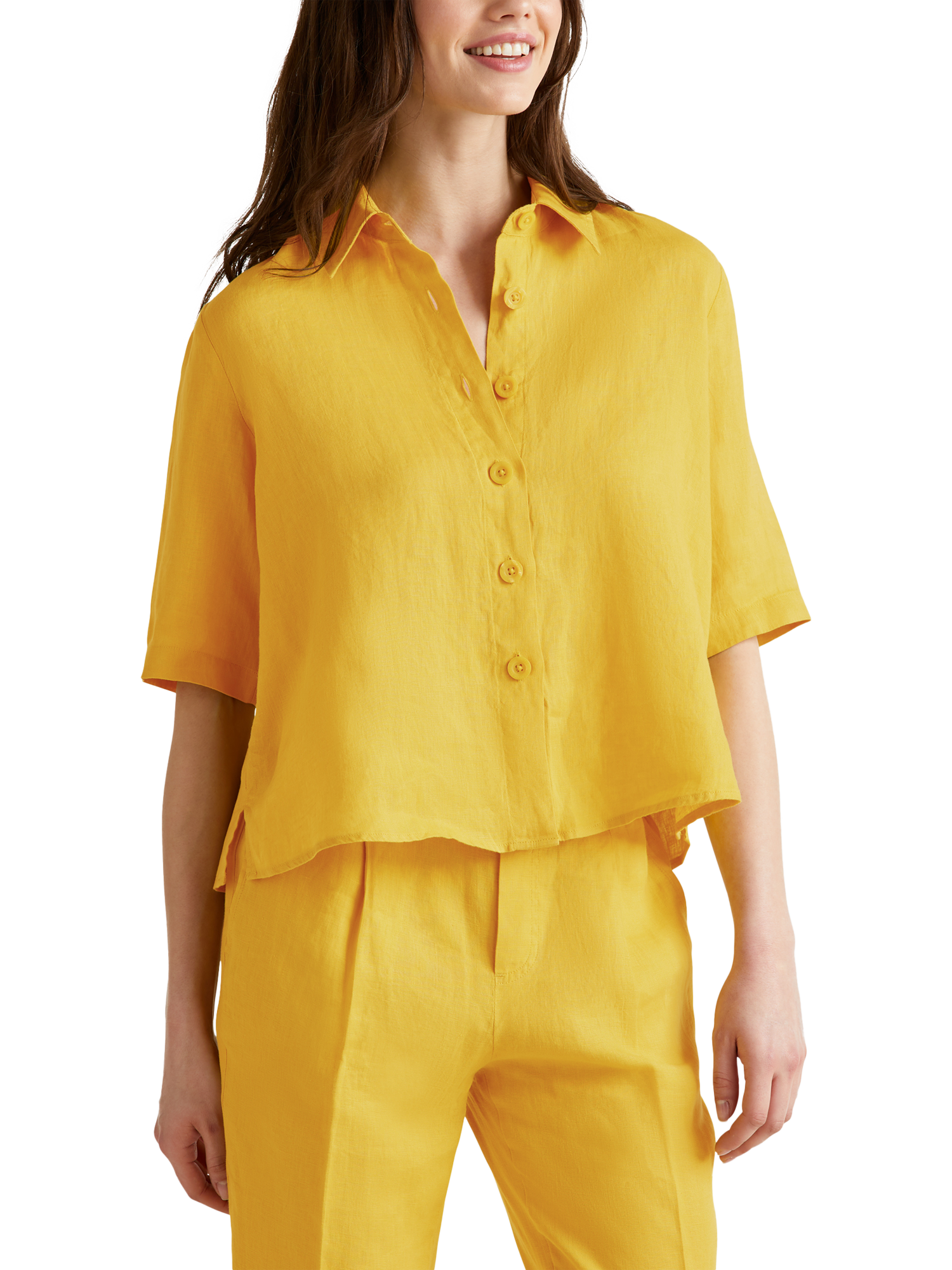 Product image 1 of 4, which shows Benetton Boxy Fit Pure Linen Shirt, Mustard, XS