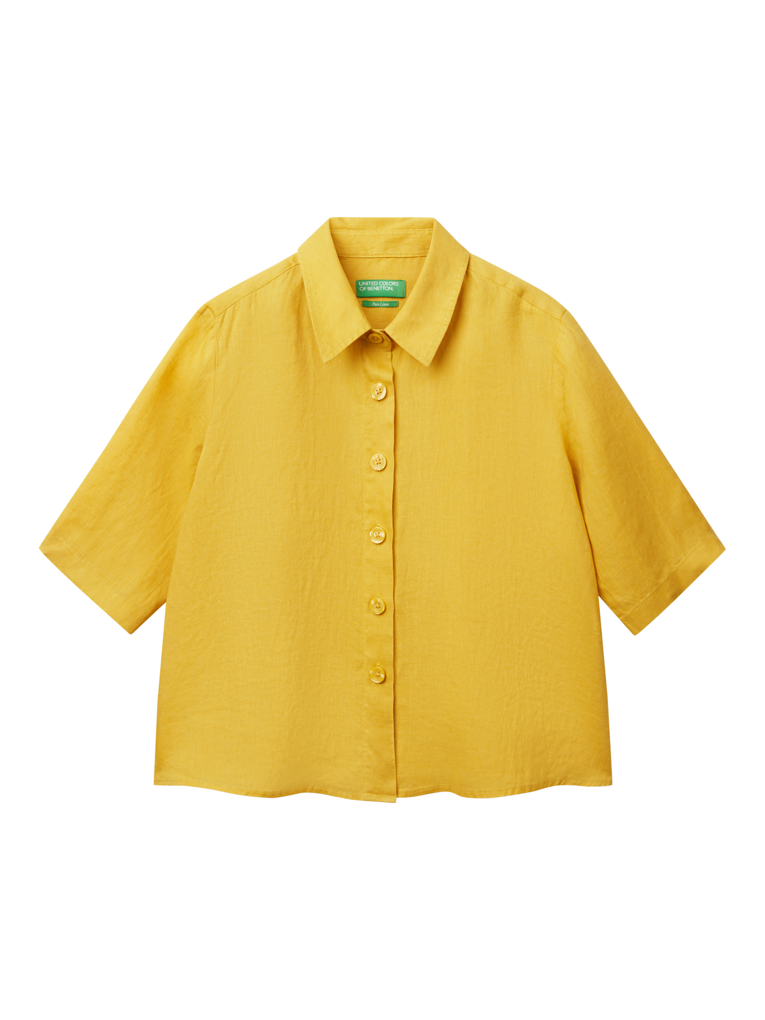 Product image 3 of 4, which shows Benetton Boxy Fit Pure Linen Shirt, Mustard, XS