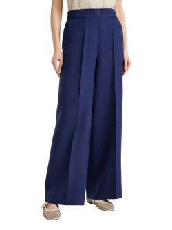 Benetton Wide Leg Linen Palazzo Trousers, Night Blue
