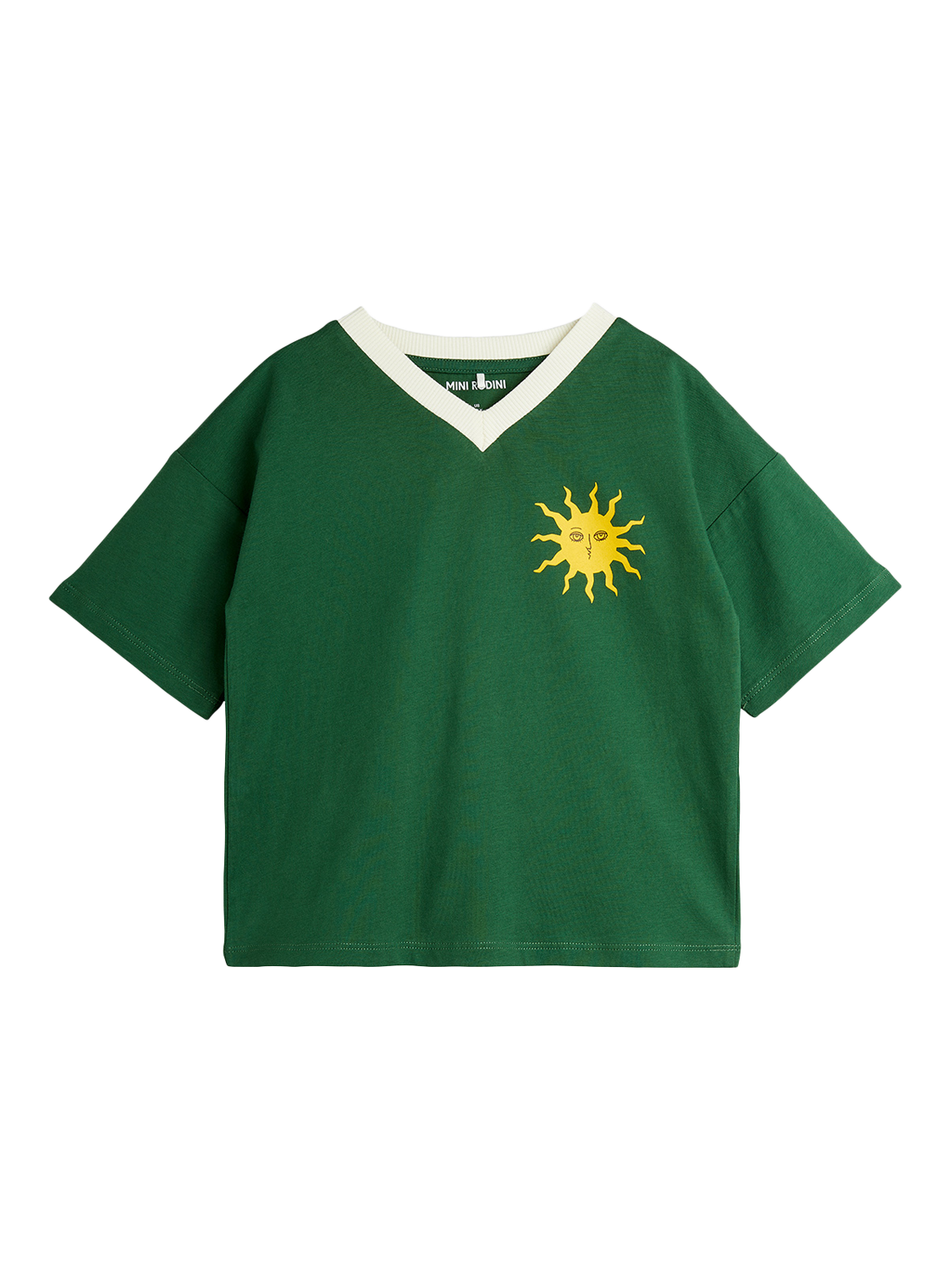 Product image 1 of 3, which shows Mini Rodini Kids' Sun V-Neck T-Shirt, Green, 18-36 months