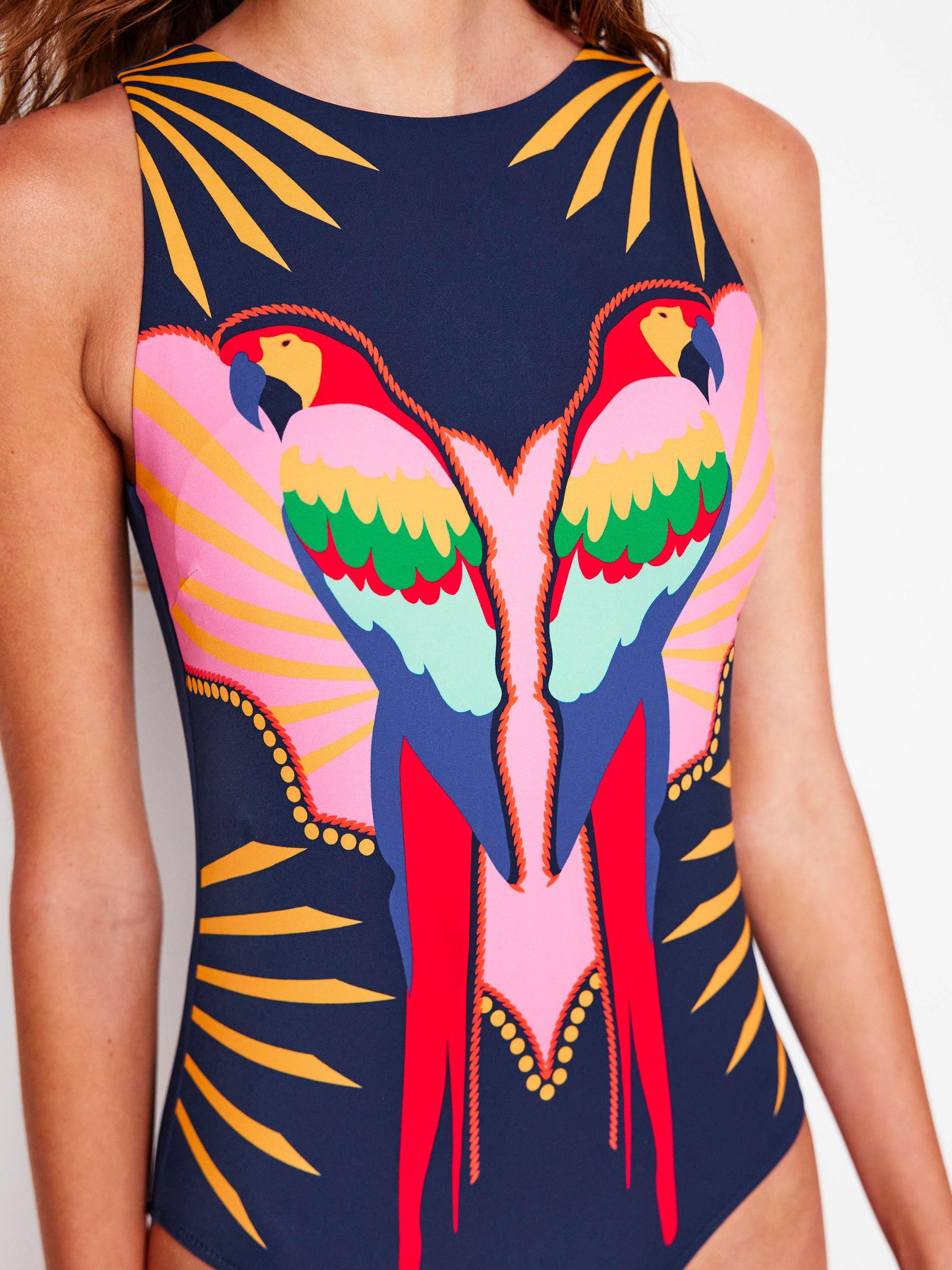 Product image 3 of 6, which shows Boden Slash Neck Tie Swimsuit, Navy/Multi, 14
