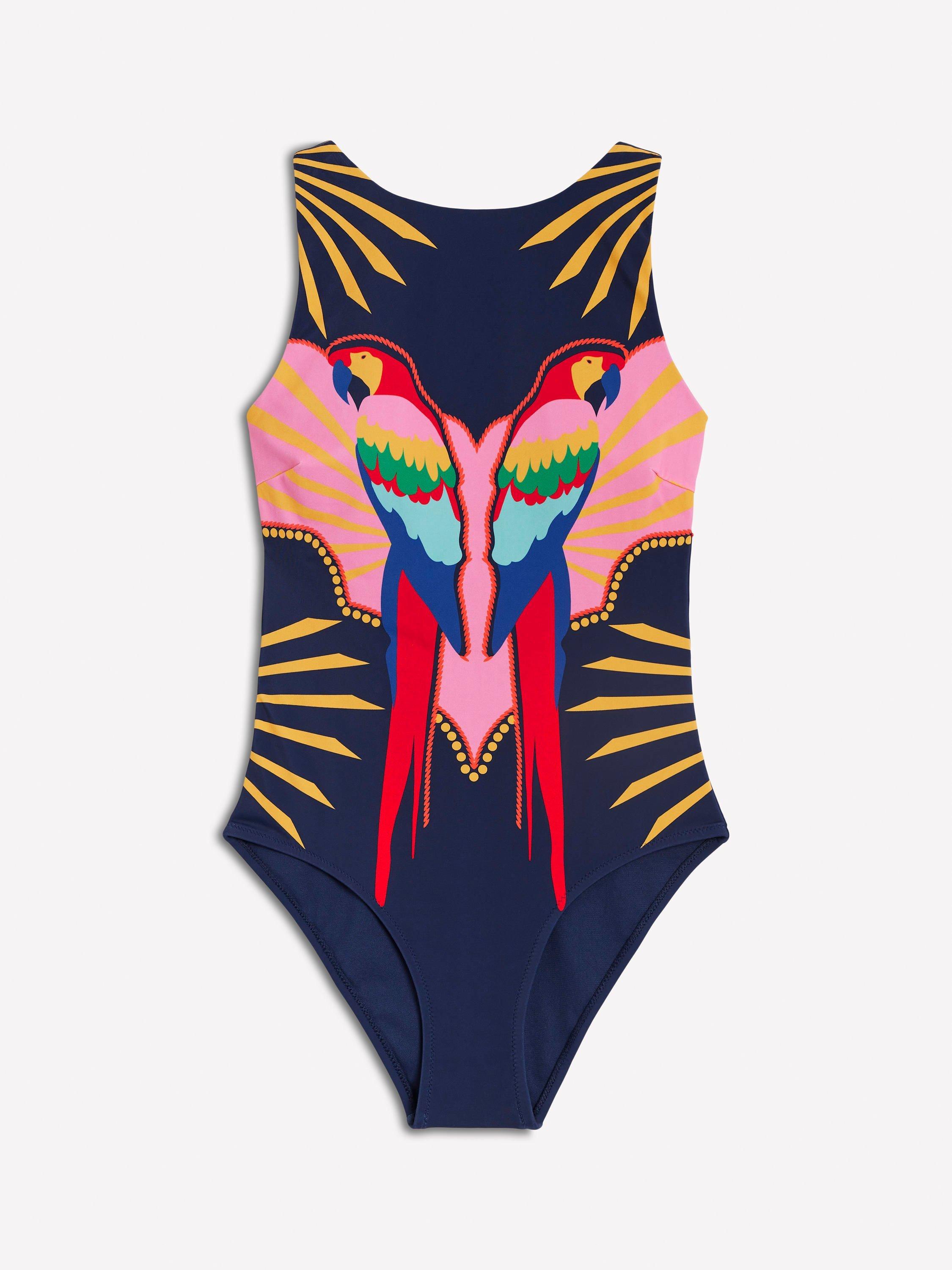 Product image 5 of 6, which shows Boden Slash Neck Tie Swimsuit, Navy/Multi, 14