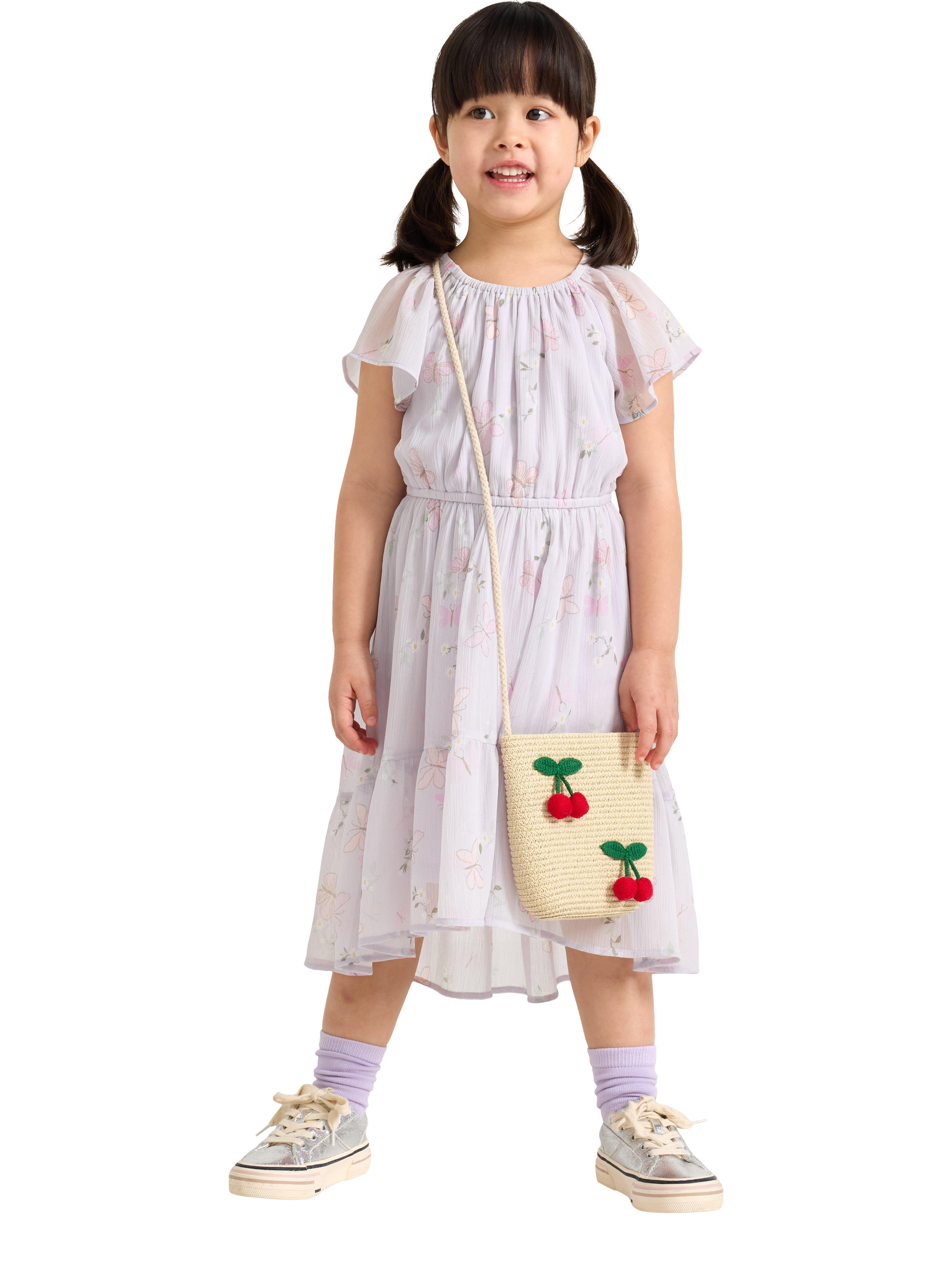 Product image 1 of 6, which shows Lindex Kids' Chiffon Floral Tiered Dress, Light Dusty Lilac, 6-7 years