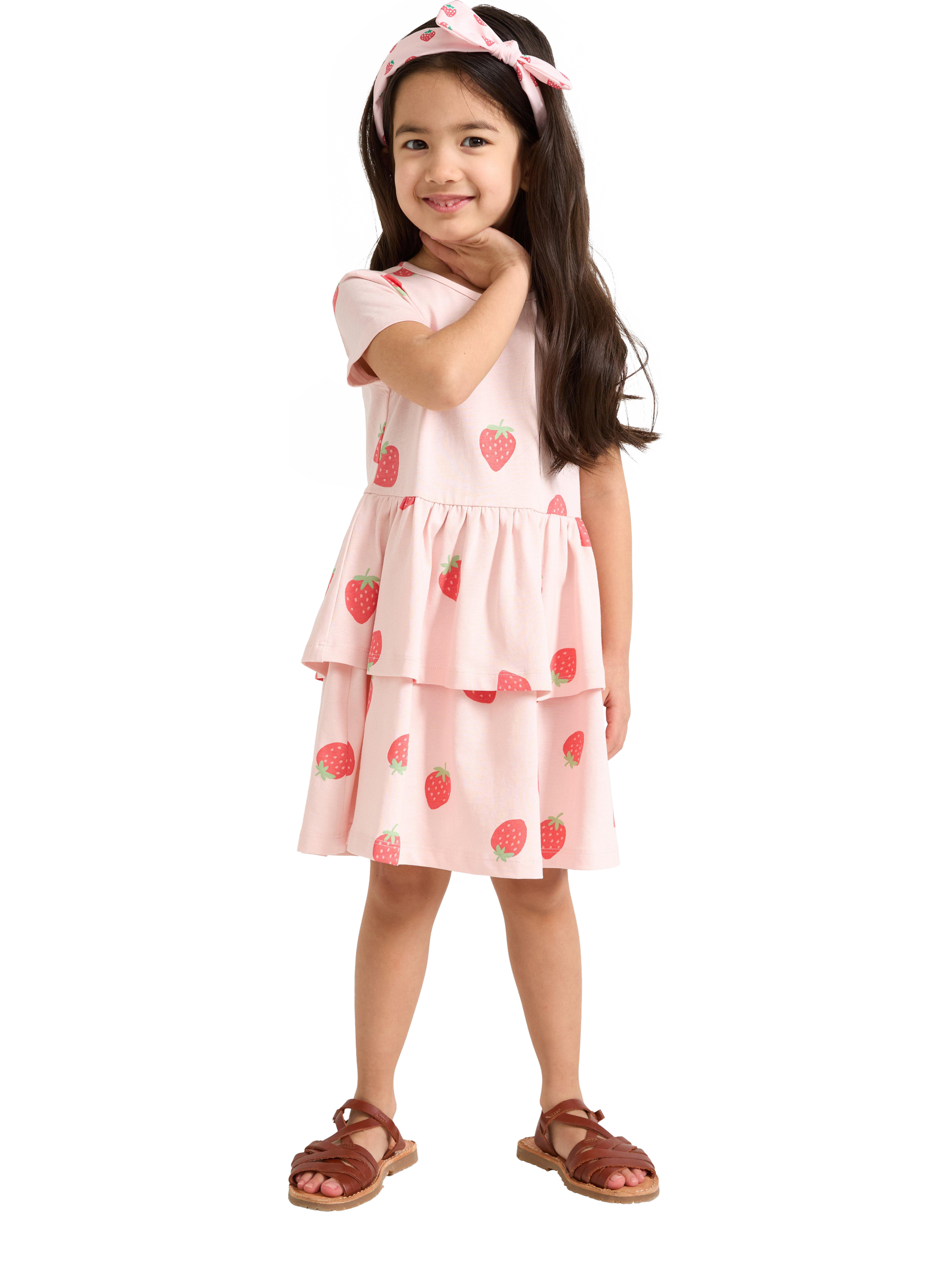 Product image 1 of 6, which shows Lindex Kids' Short Sleeve Strawberry Dress, Light Dusty Pink, 5-6 years
