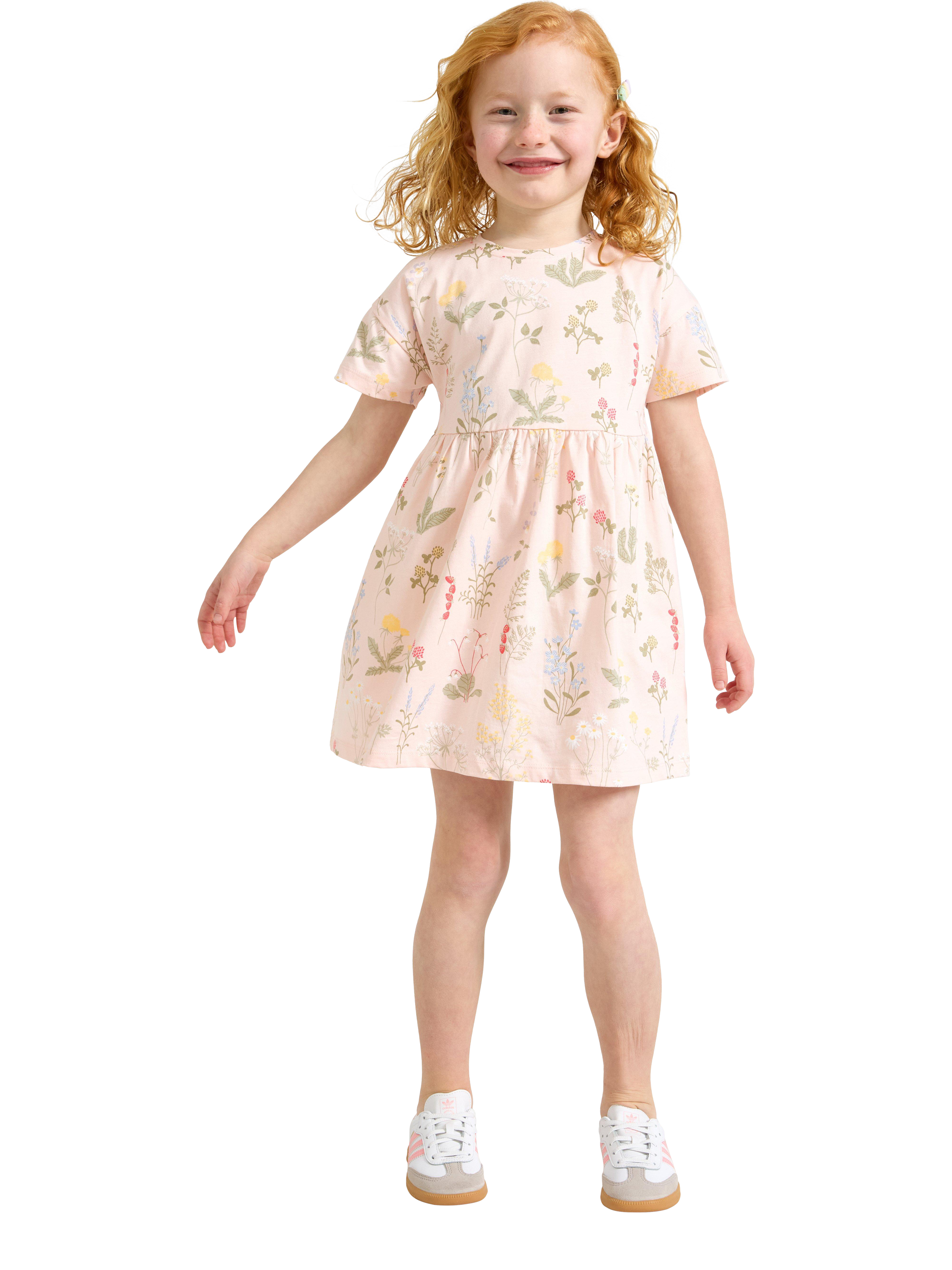 Product image 1 of 6, which shows Lindex Kids' Cotton Floral Print Short Sleeve Dress, Light Pink, 4-5 years