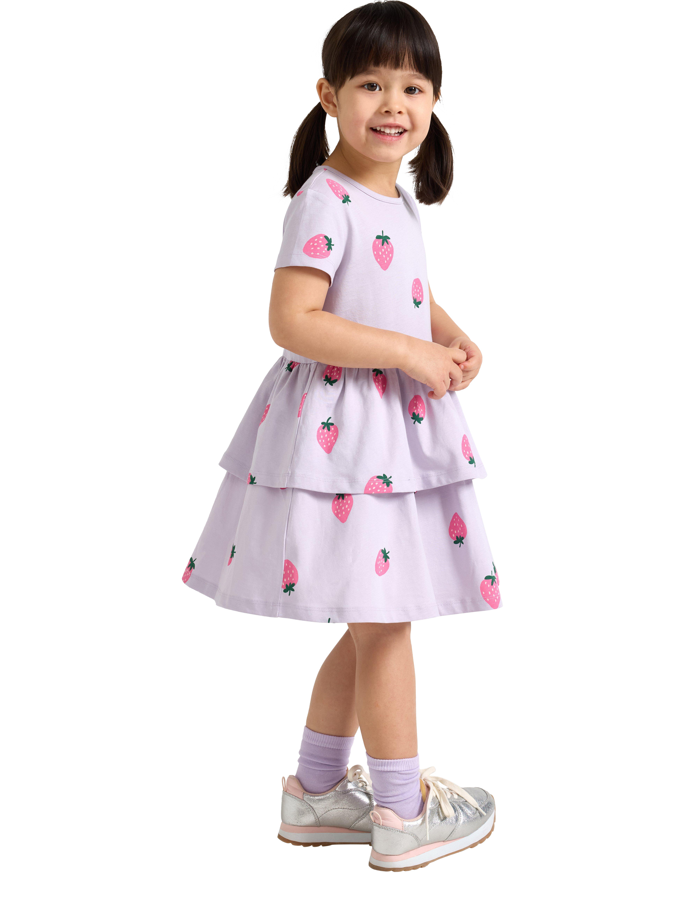 Product image 1 of 6, which shows Lindex Kids' Cotton Strawberry Print Dress, Light Dusty Lilac, 18-24 months