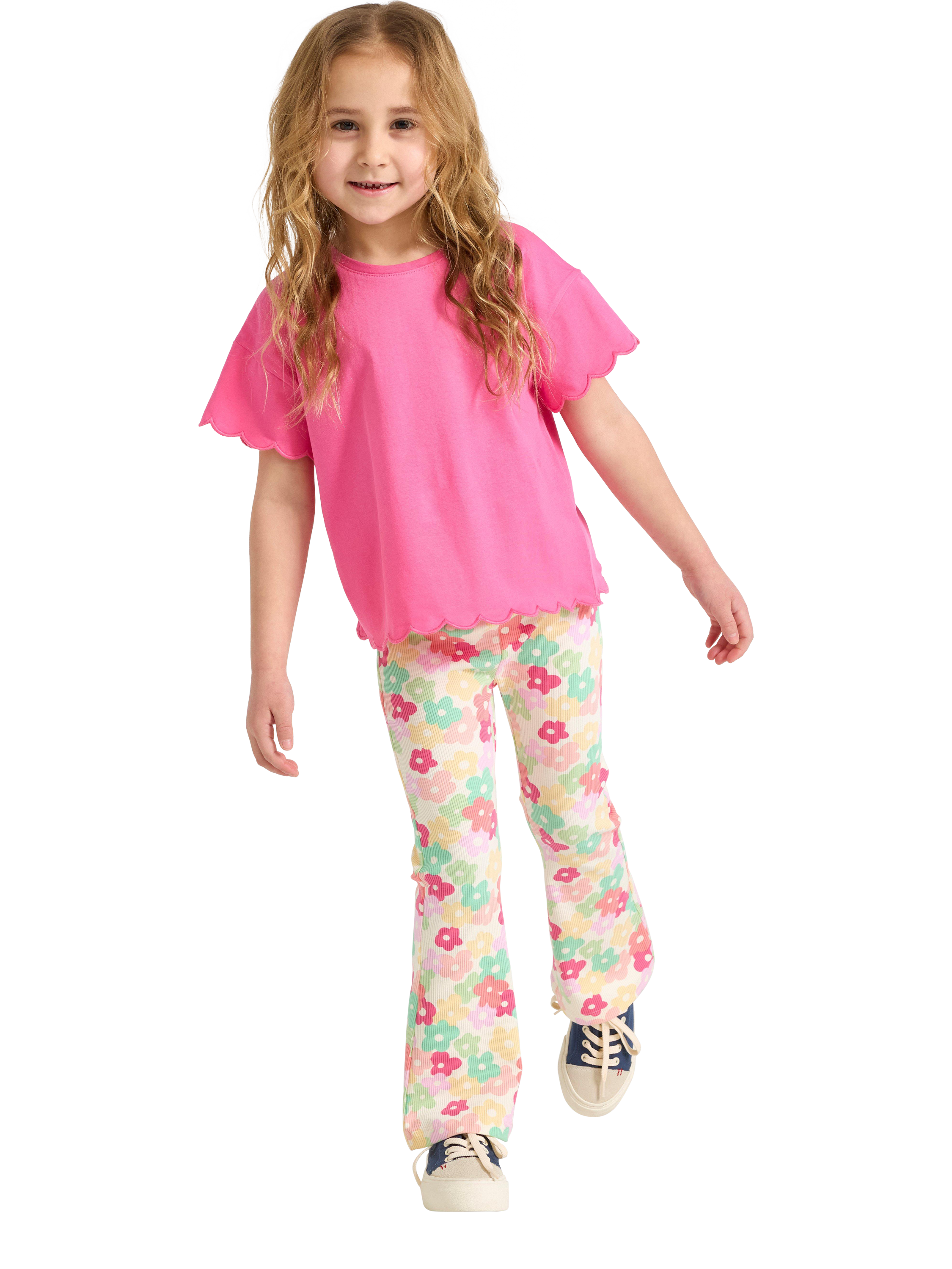 Product image 1 of 6, which shows Lindex Kids' Flower Print Flared Ribbed Leggings, White, 6-7 years
