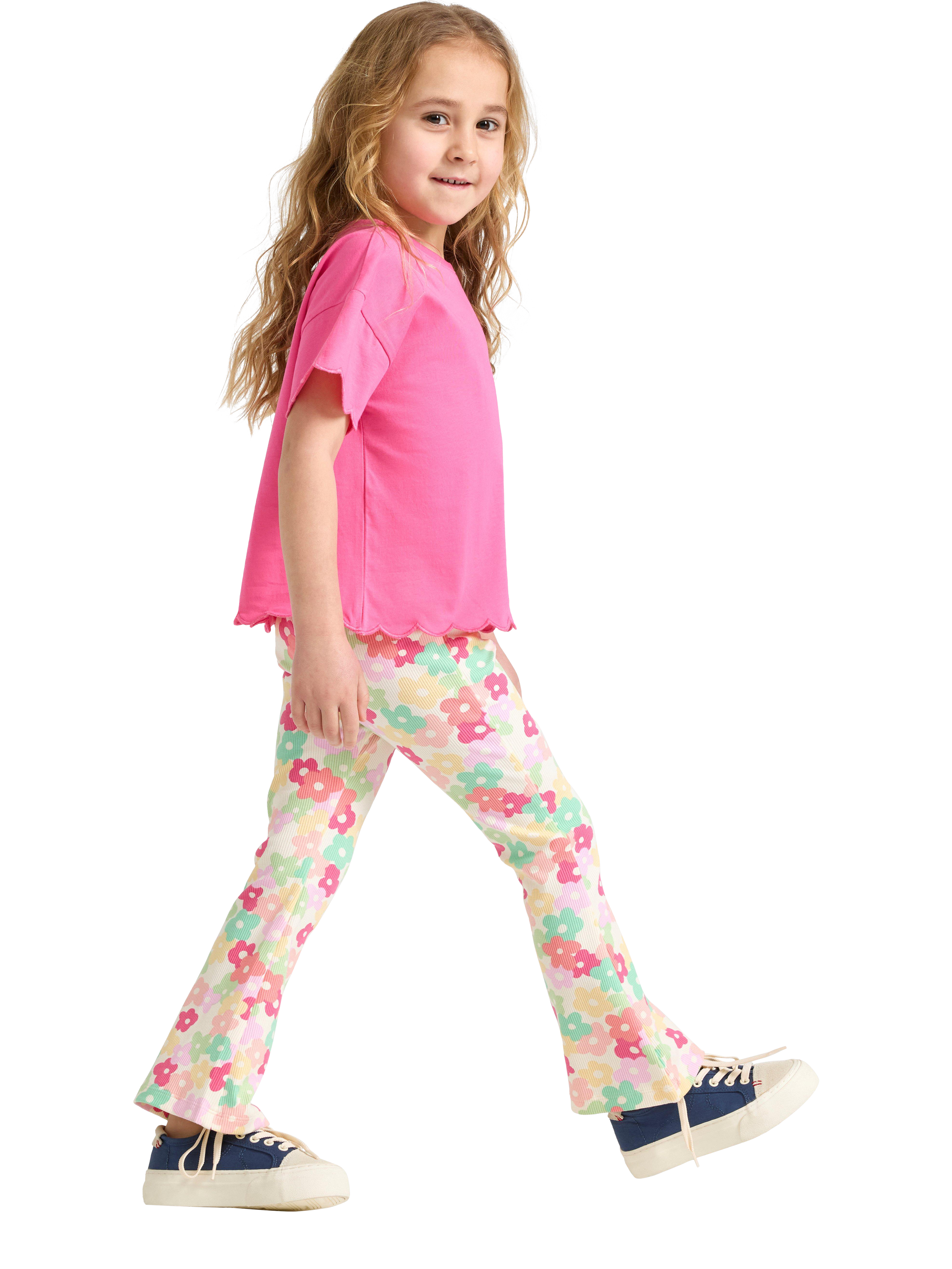 Product image 3 of 6, which shows Lindex Kids' Flower Print Flared Ribbed Leggings, White, 6-7 years