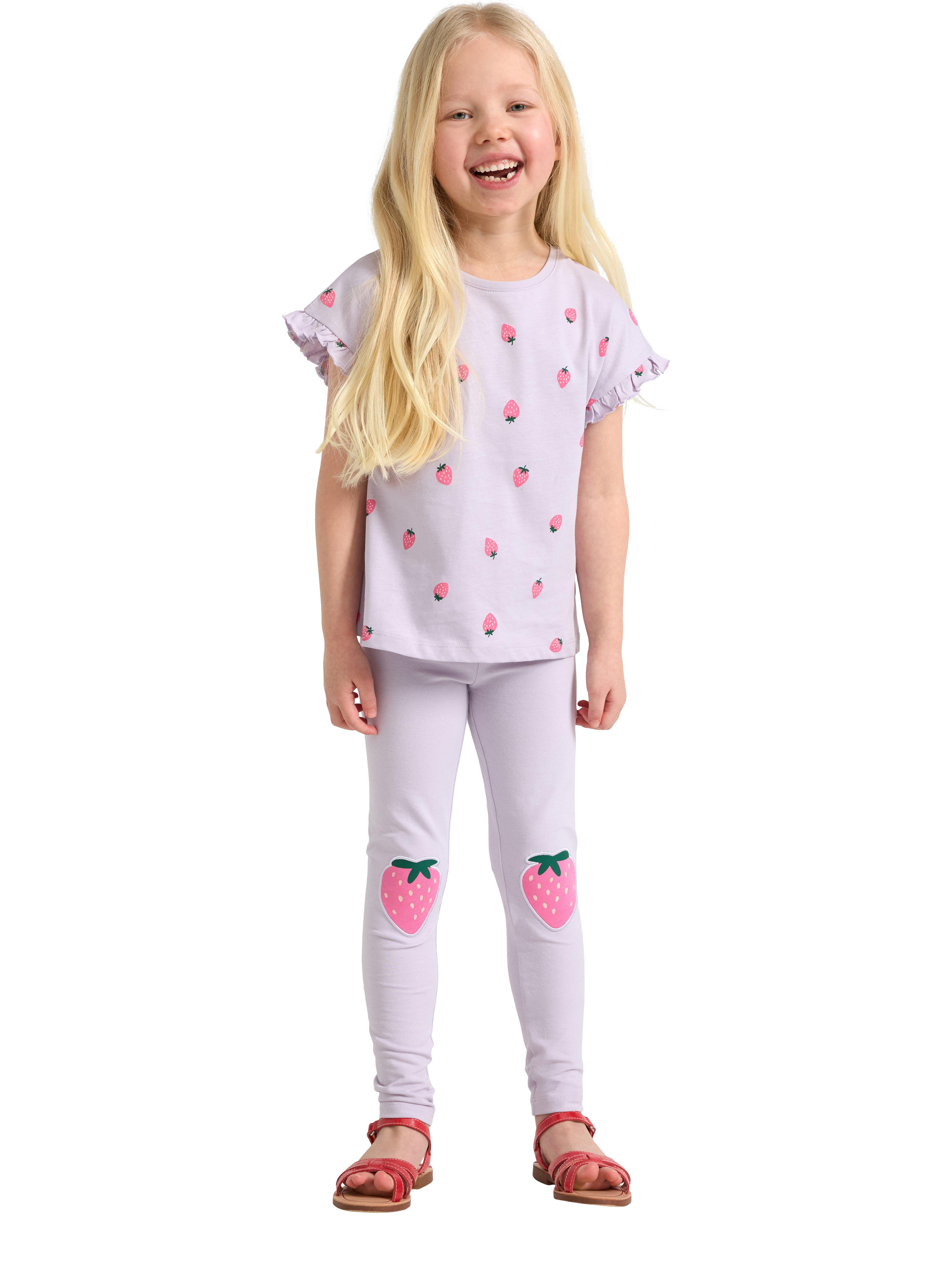 Product image 1 of 6, which shows Lindex Kids' Cotton Blend Strawberry Leggings, Light Dusty Lilac, 2-3 years