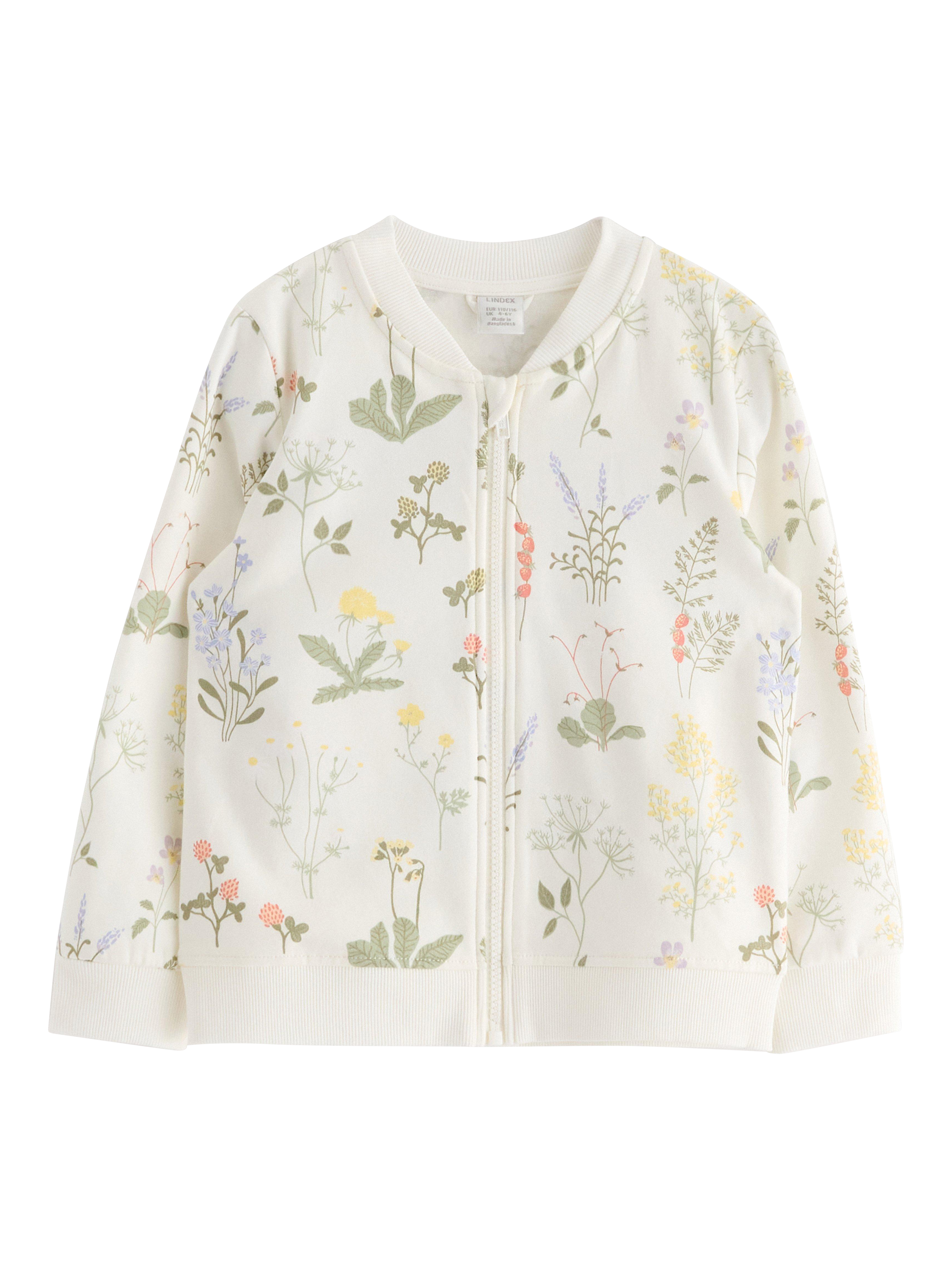 Product image 1 of 3, which shows Lindex Kids' Pure Cotton Floral Print Bomber Jacket, Light Dusty White, 4-6 years