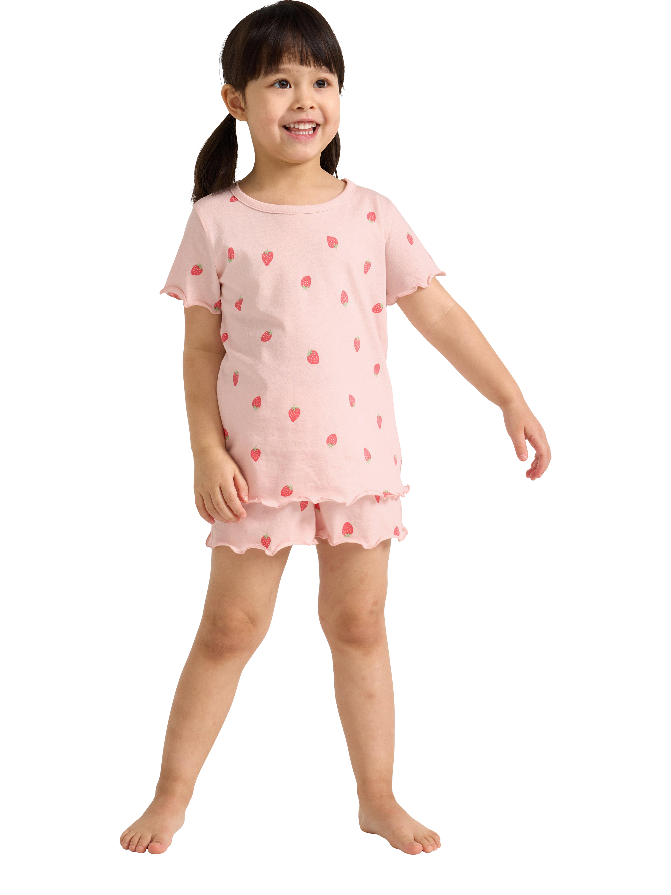 Product image 1 of 6, which shows Lindex Kids' Cotton Strawberry Print Shortie Pyjama Set, Light Pink, 2-4 years