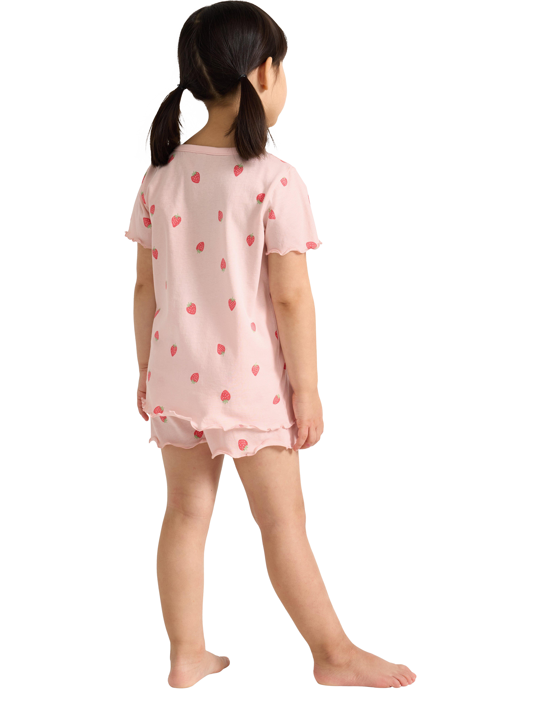 Product image 2 of 6, which shows Lindex Kids' Cotton Strawberry Print Shortie Pyjama Set, Light Pink, 2-4 years