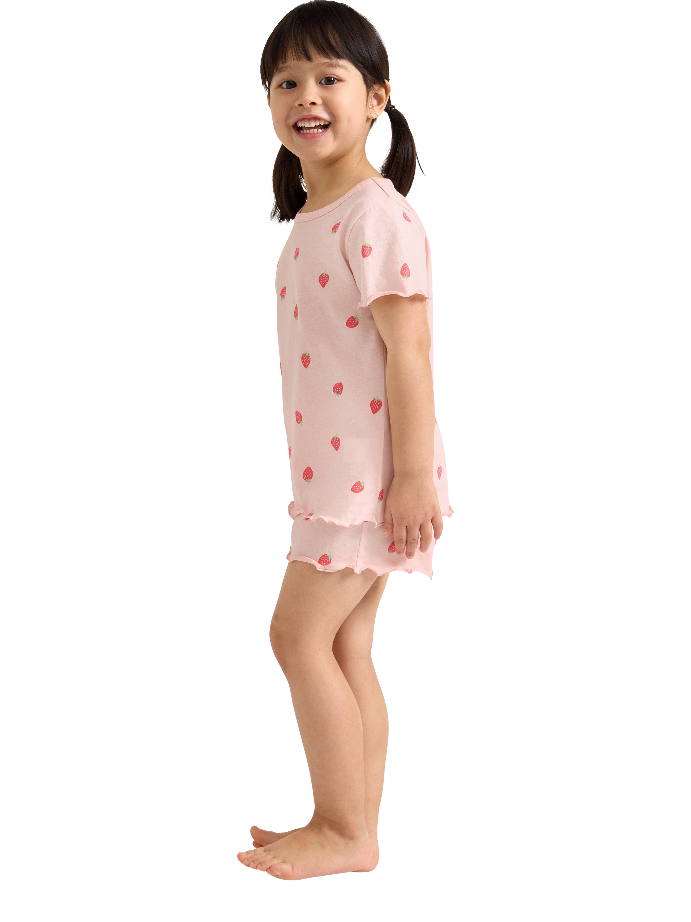 Product image 3 of 6, which shows Lindex Kids' Cotton Strawberry Print Shortie Pyjama Set, Light Pink, 2-4 years