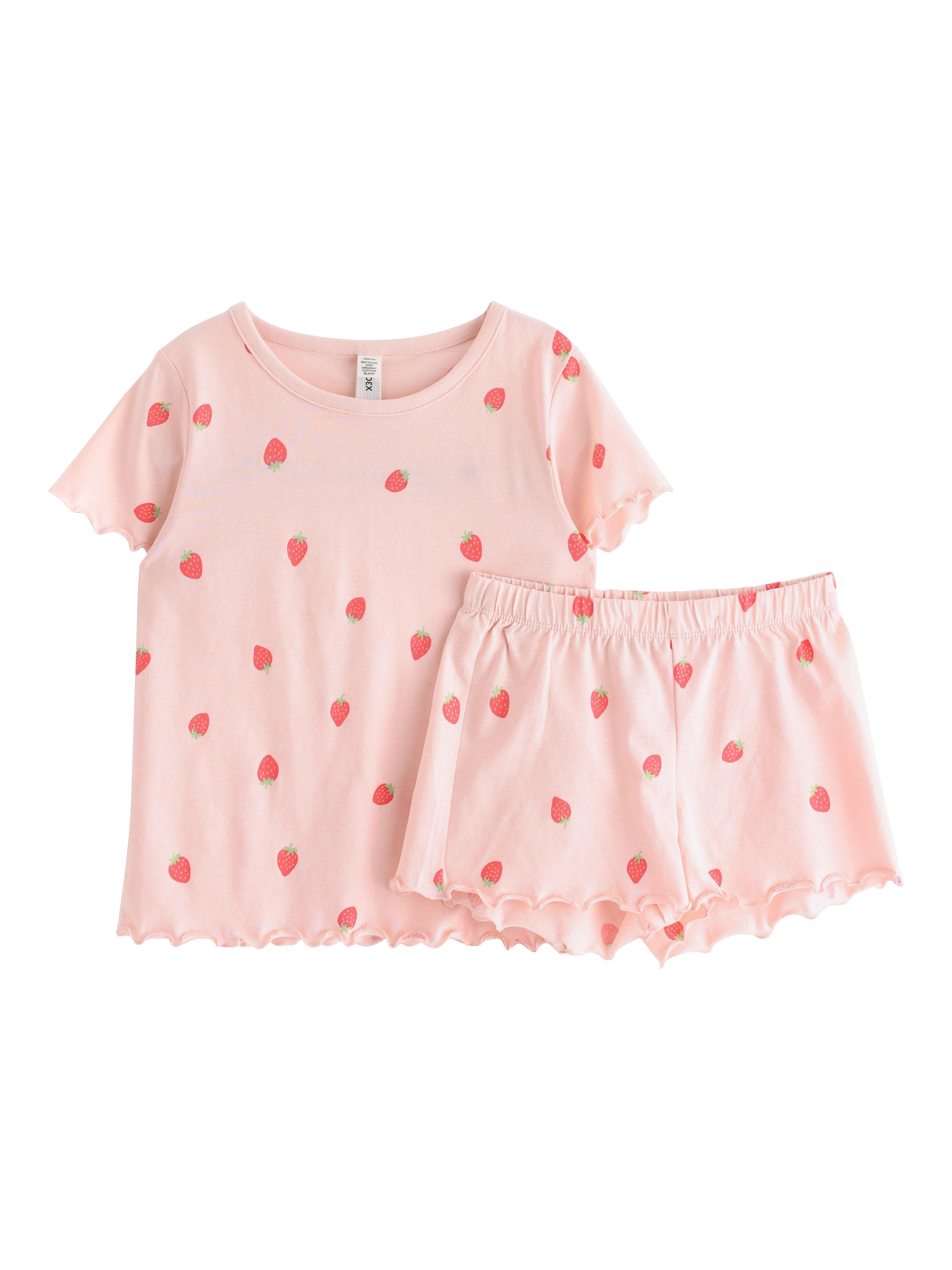 Product image 4 of 6, which shows Lindex Kids' Cotton Strawberry Print Shortie Pyjama Set, Light Pink, 2-4 years