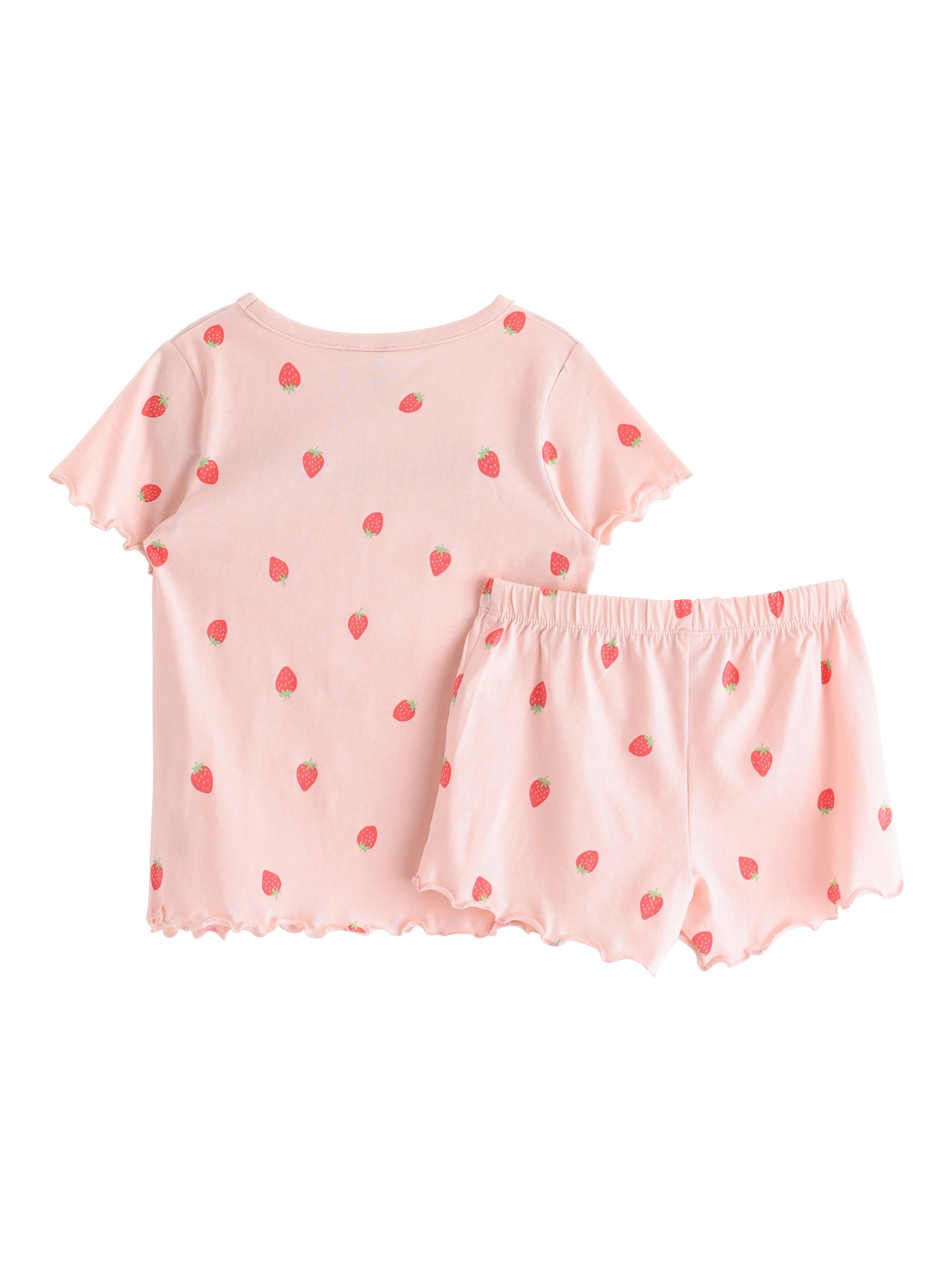 Product image 5 of 6, which shows Lindex Kids' Cotton Strawberry Print Shortie Pyjama Set, Light Pink, 2-4 years