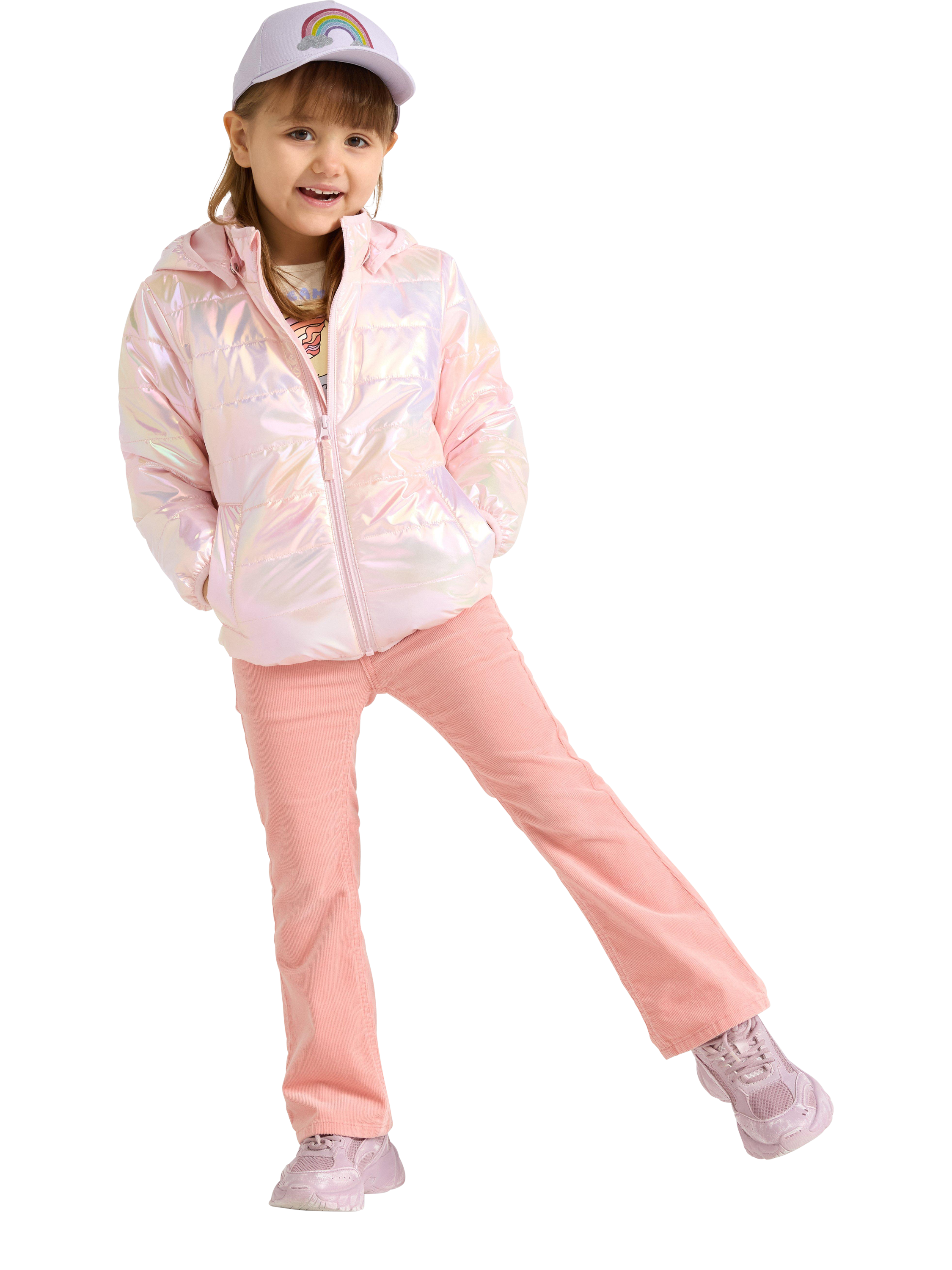 Product image 1 of 6, which shows Lindex Kids' Glossy Hooded Padded Jacket, Light Pink, 5-6 years