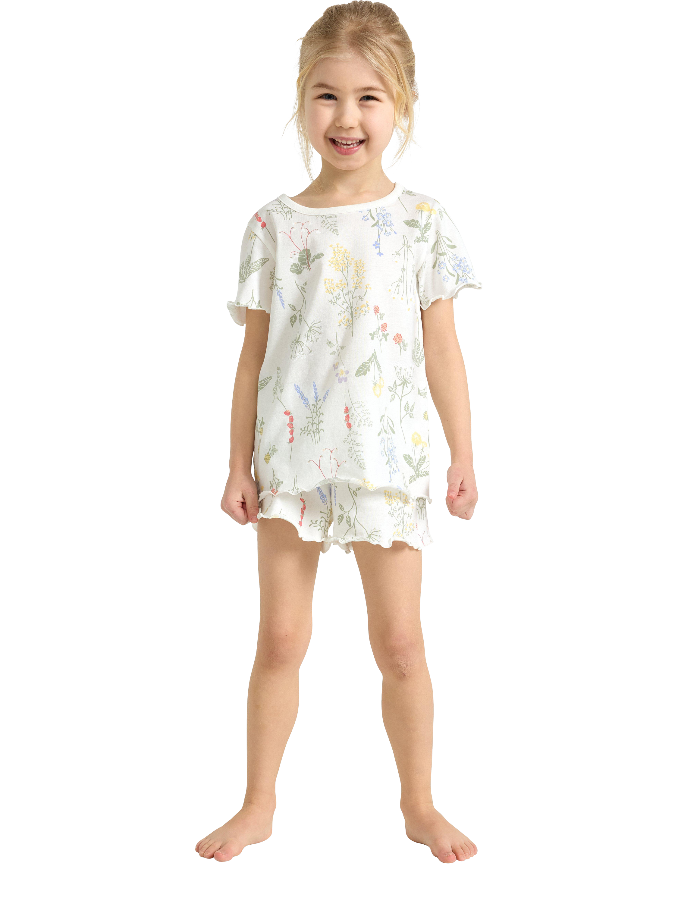 Product image 1 of 6, which shows Lindex Kids' Cotton Floral Shortie Pyjama Set, Light Dusty White, 6-8 years