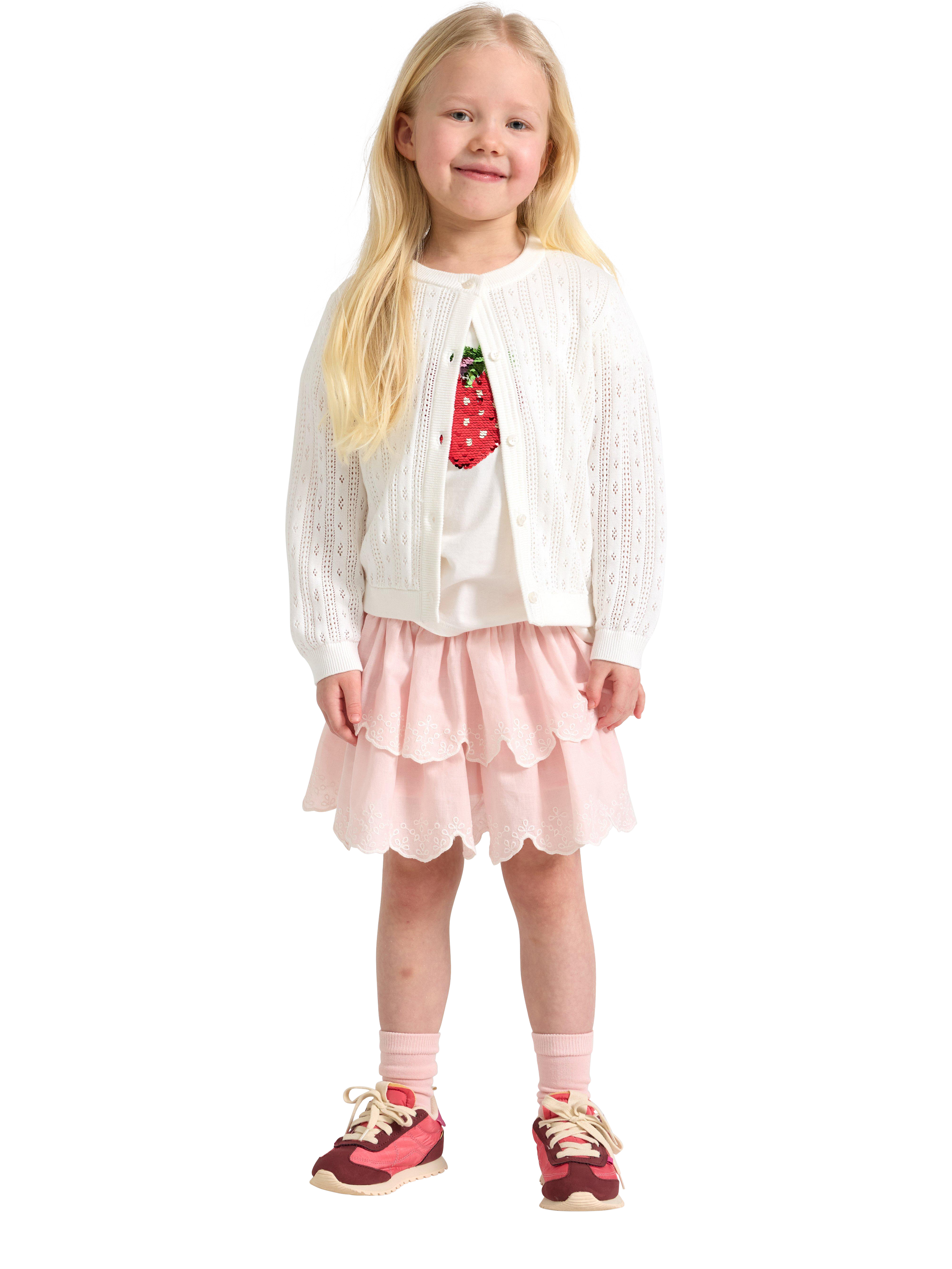 Product image 1 of 6, which shows Lindex Kids' Cotton Smock Waist Tiered Skirt, Light Dusty Pink, 18-24 months