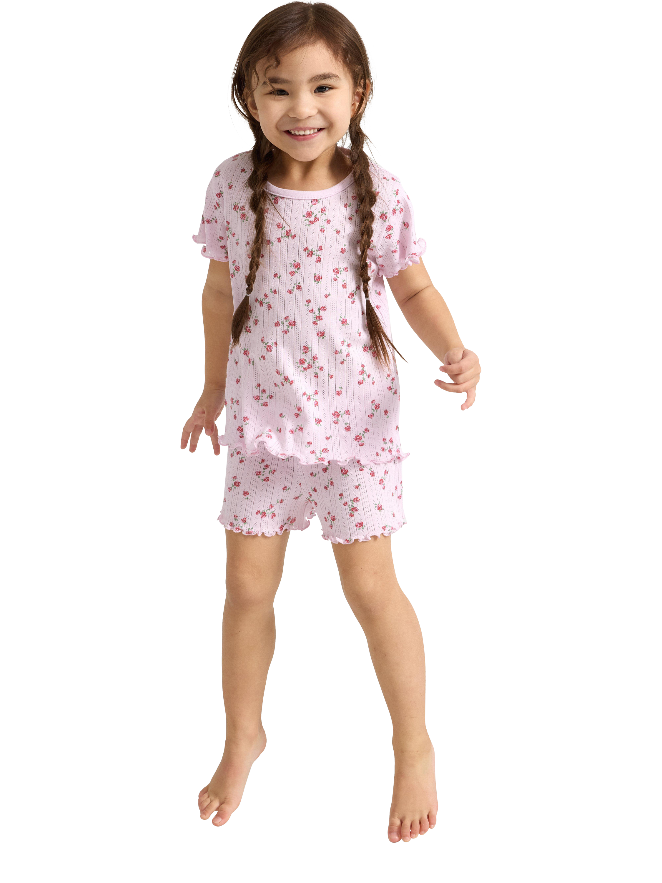 Product image 1 of 6, which shows Lindex Kids' Cotton Floral Print Shortie Pyjama Set, Light Lilac, 18-24 months