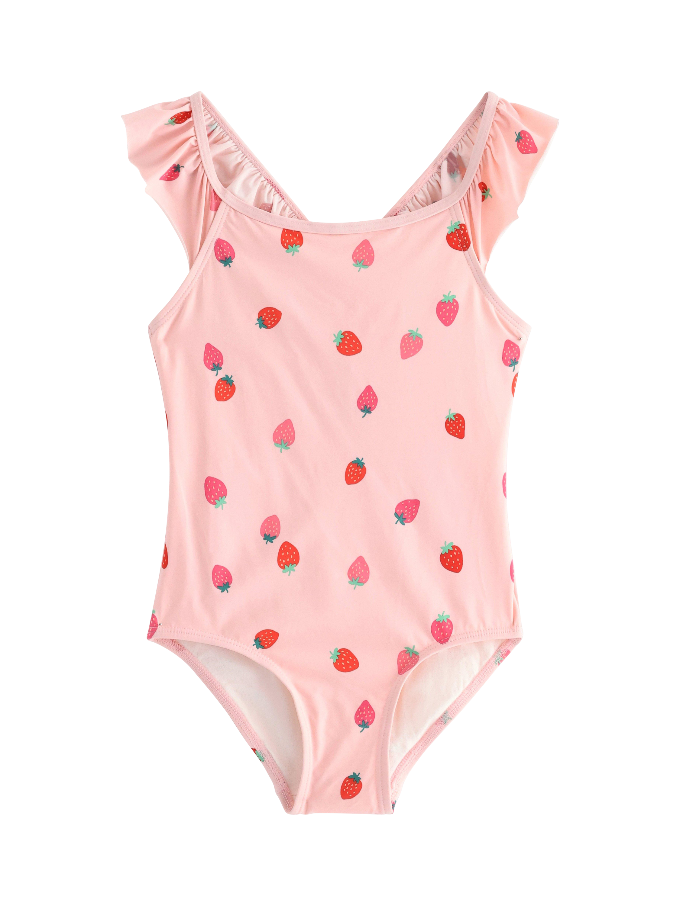 Product image 1 of 3, which shows Lindex Kids' Strawberry Print Swimsuit, Light Dusty Pink, 4-6 years