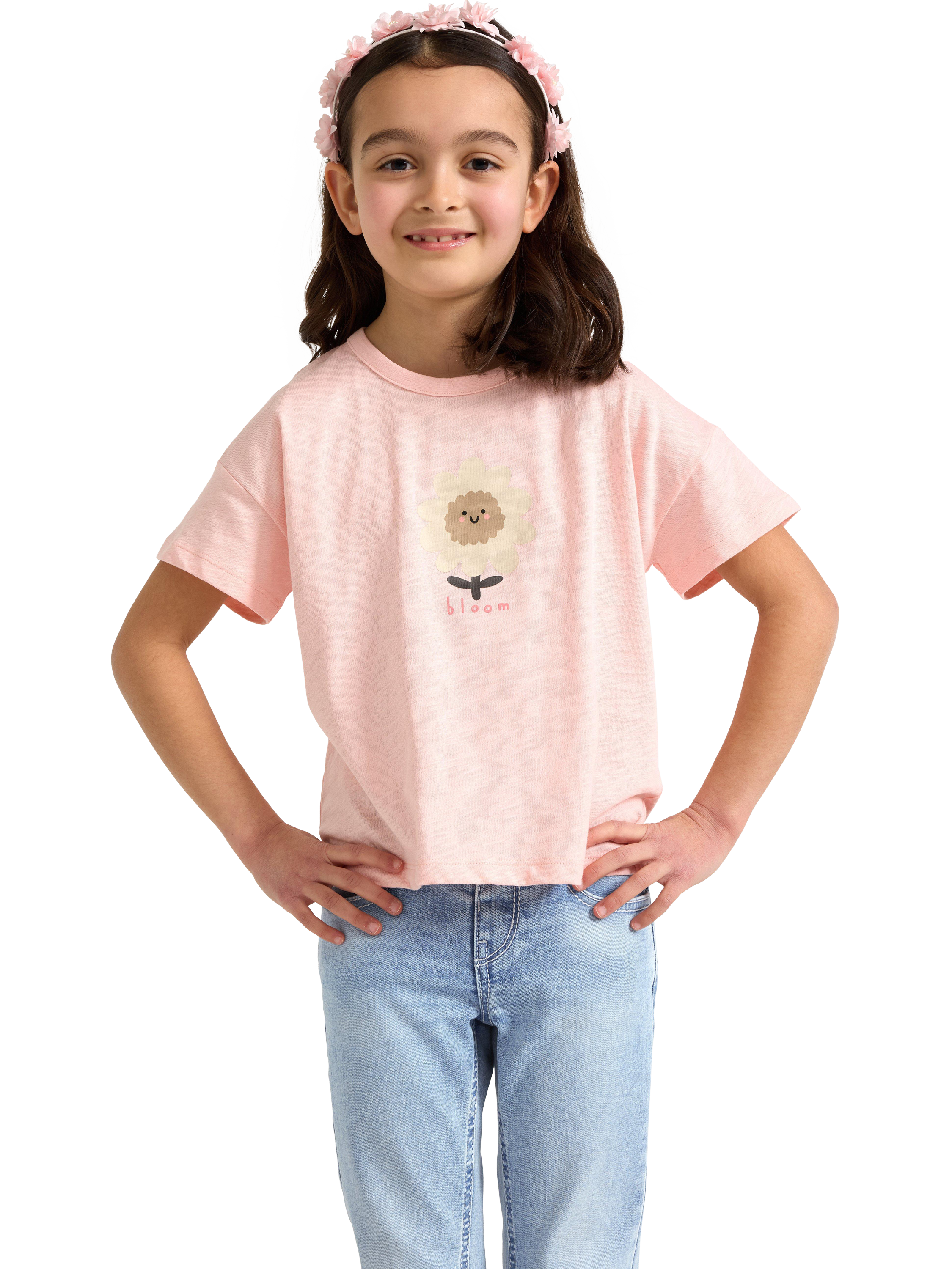 Product image 1 of 6, which shows Lindex Kida' Cotton Floral Print Crew Neck T-Shirt, Light Pink, 3-4 years