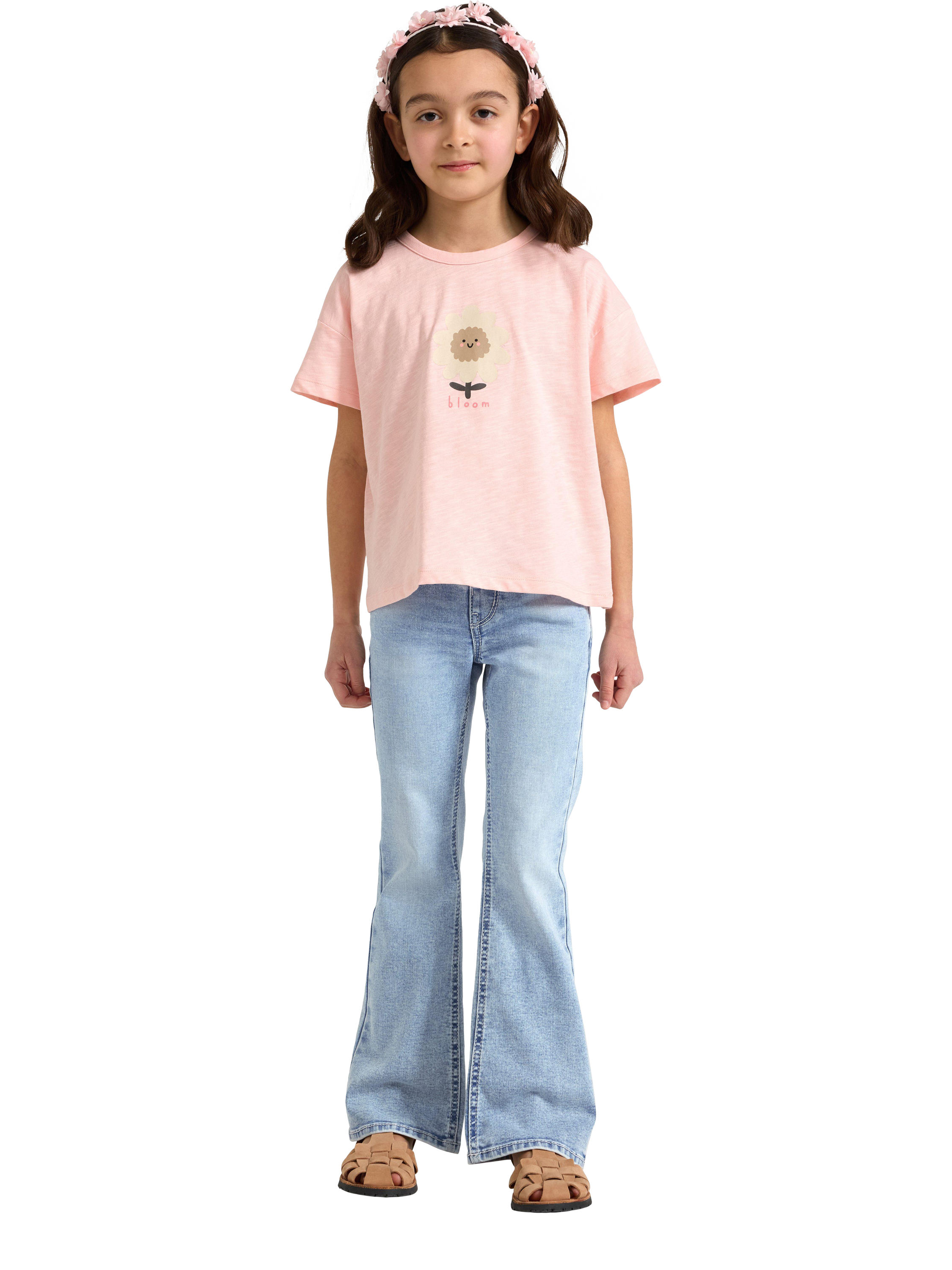 Product image 3 of 6, which shows Lindex Kida' Cotton Floral Print Crew Neck T-Shirt, Light Pink, 3-4 years