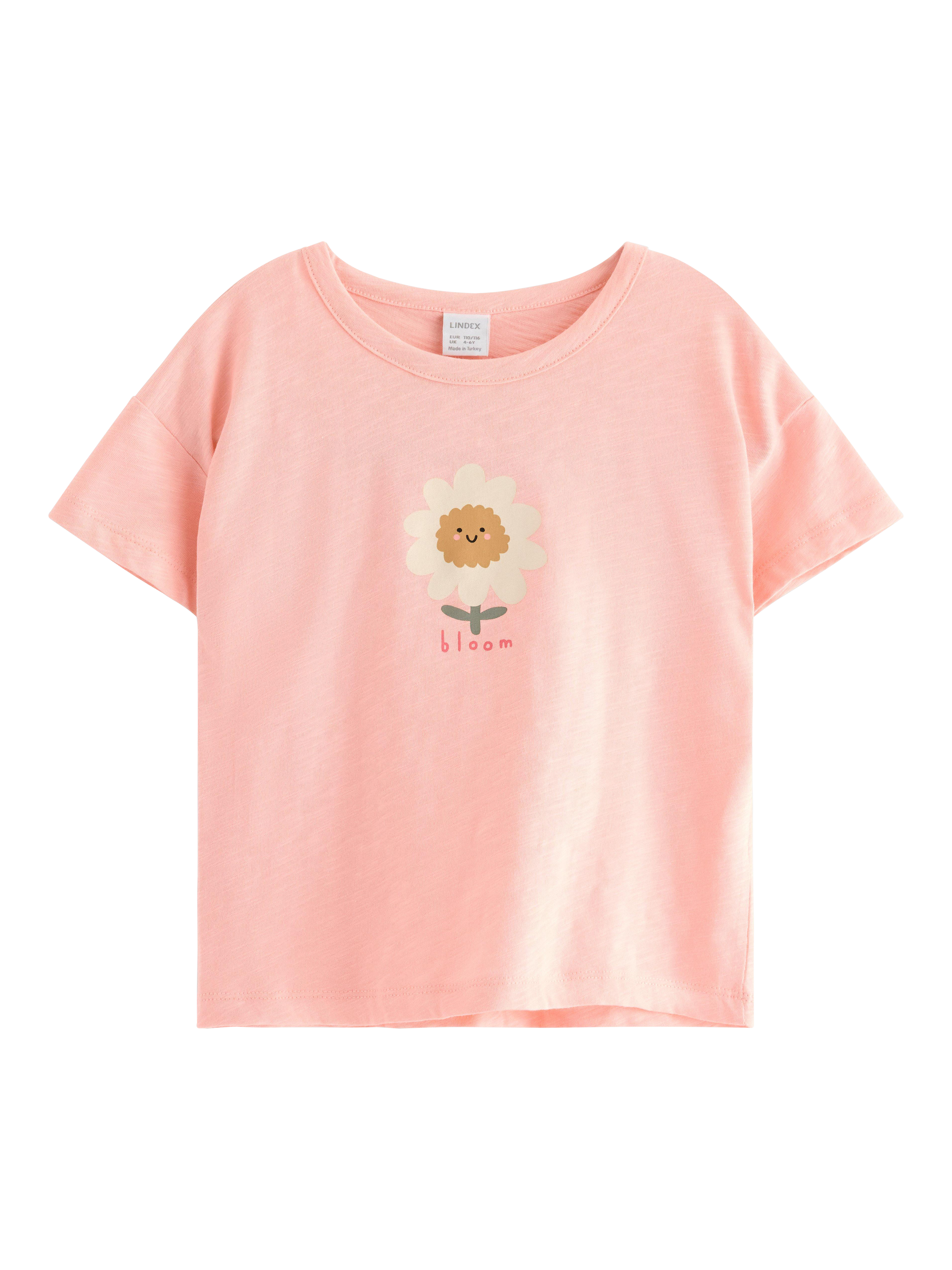 Product image 4 of 6, which shows Lindex Kida' Cotton Floral Print Crew Neck T-Shirt, Light Pink, 3-4 years