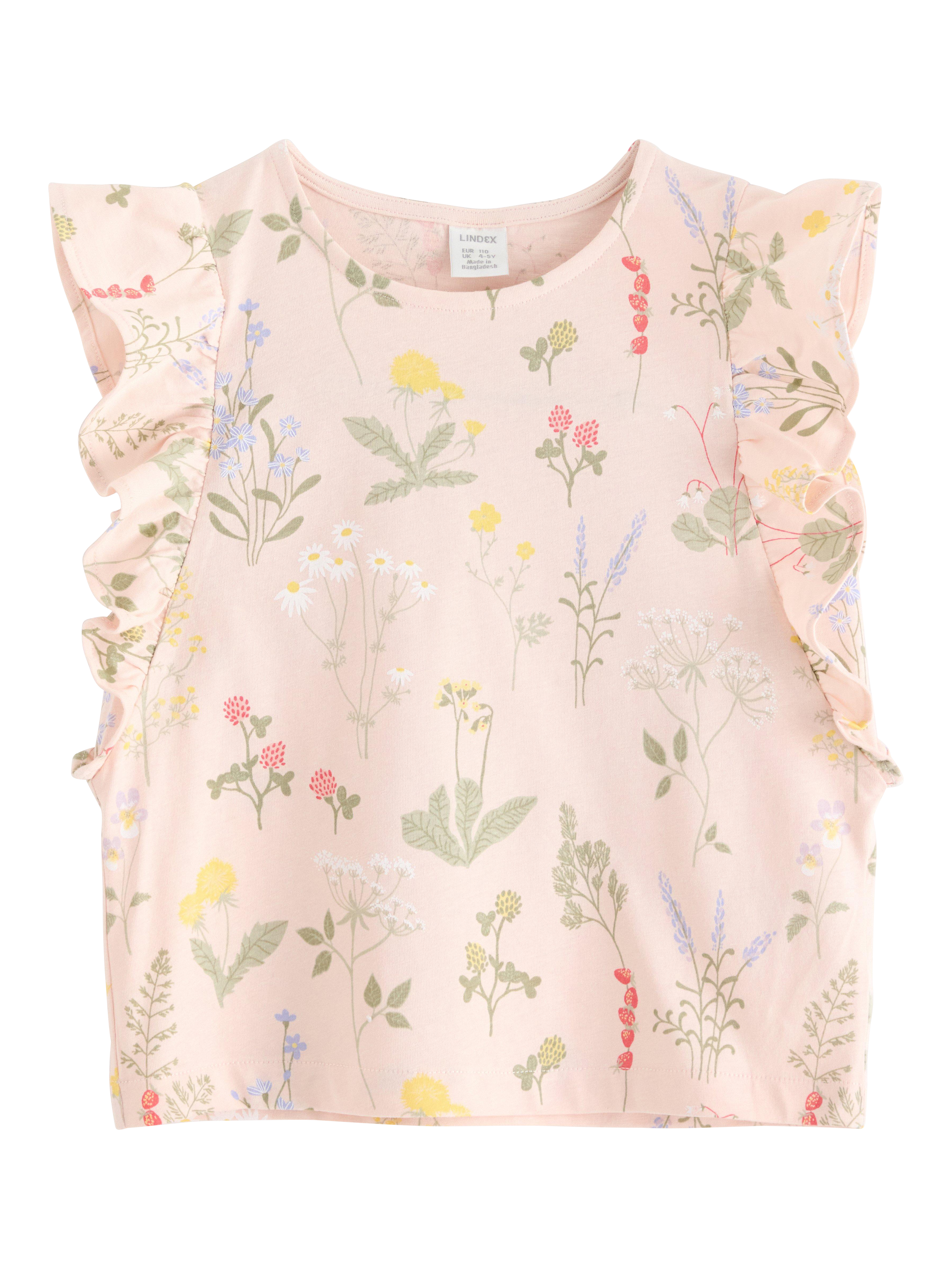 Product image 4 of 6, which shows Lindex Kids' Pure Cotton Sleeveless Floral T-Shirt, Light Pink, 6-7 years