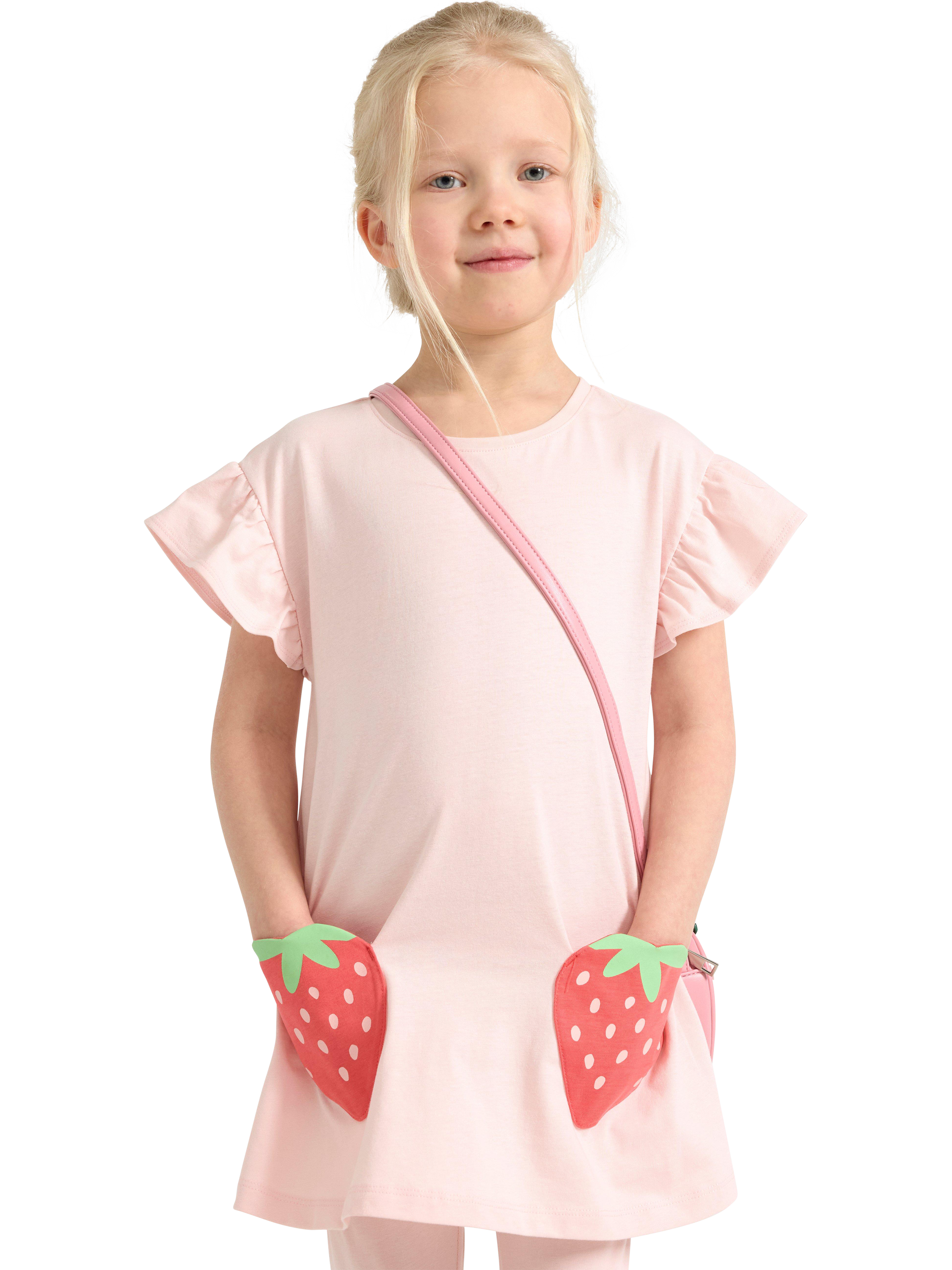 Product image 1 of 6, which shows Lindex Kids' Cotton Strawberry Pocket Tunic Top, Light Dusty Pink, 7-8 years