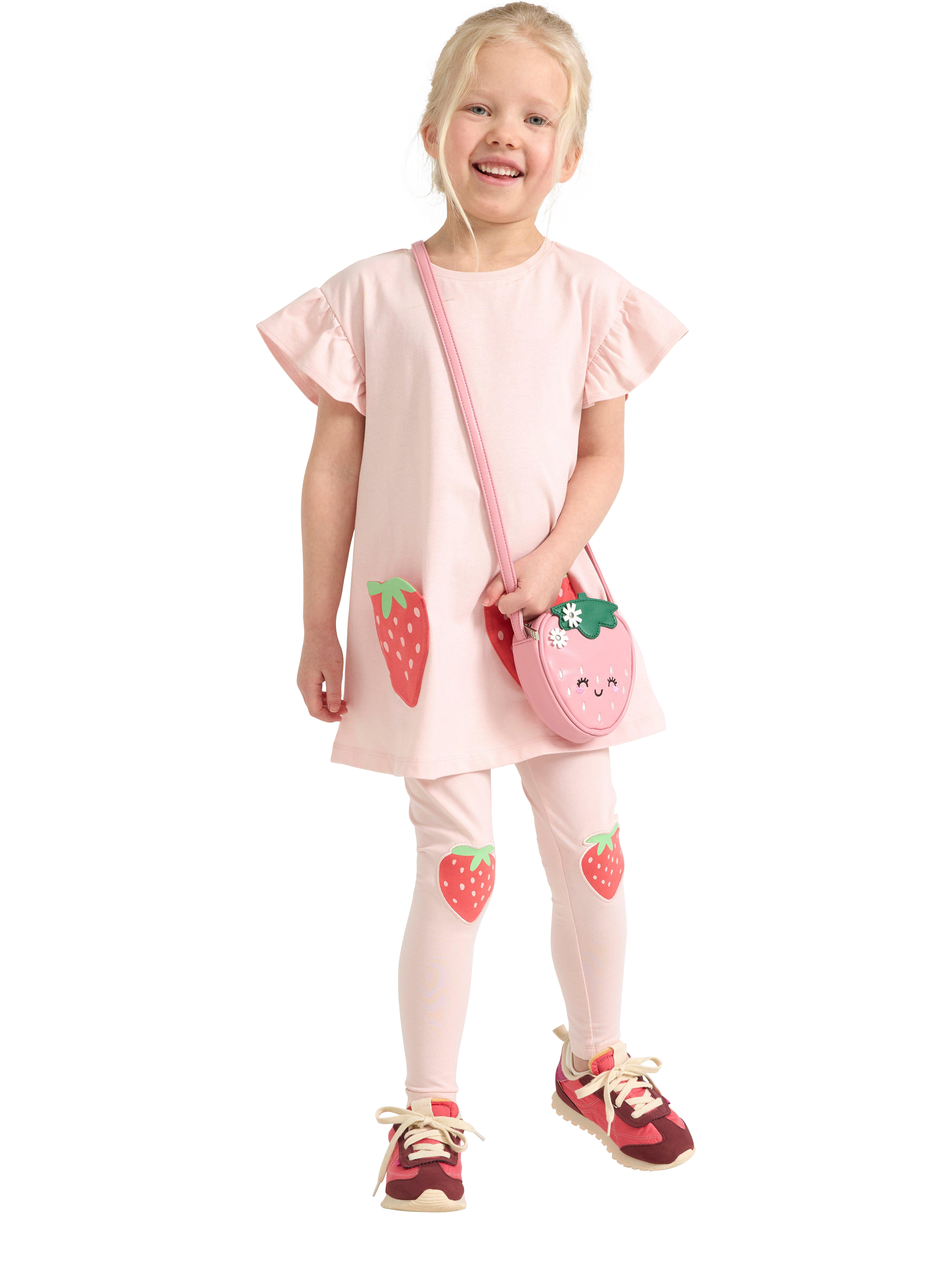 Product image 3 of 6, which shows Lindex Kids' Cotton Strawberry Pocket Tunic Top, Light Dusty Pink, 7-8 years