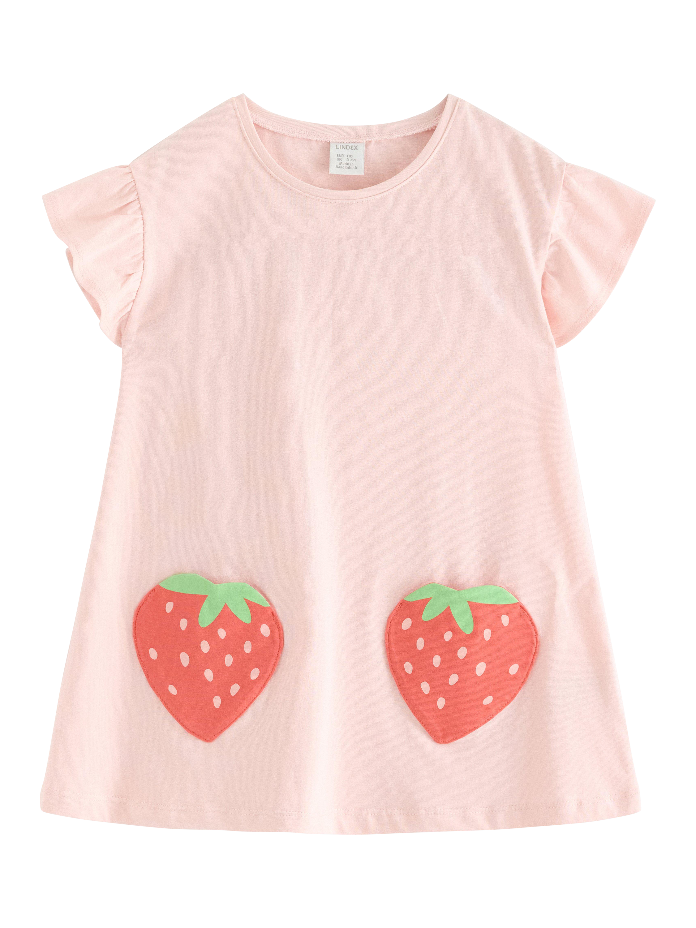 Product image 4 of 6, which shows Lindex Kids' Cotton Strawberry Pocket Tunic Top, Light Dusty Pink, 7-8 years