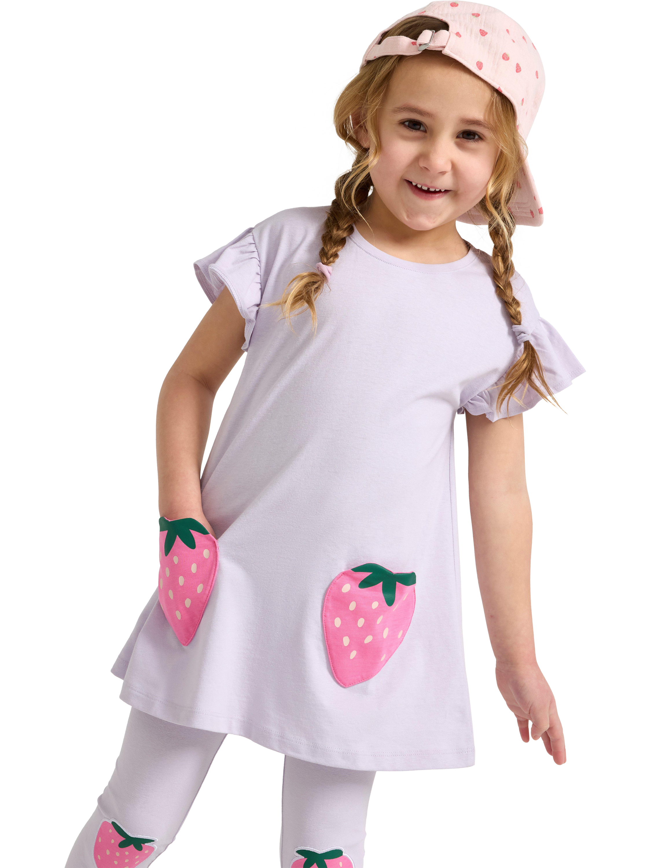 Product image 1 of 6, which shows Lindex Kids' Cotton Strawberry Pocket Tunic Top, Light Dusty Lilac, 6-7 years
