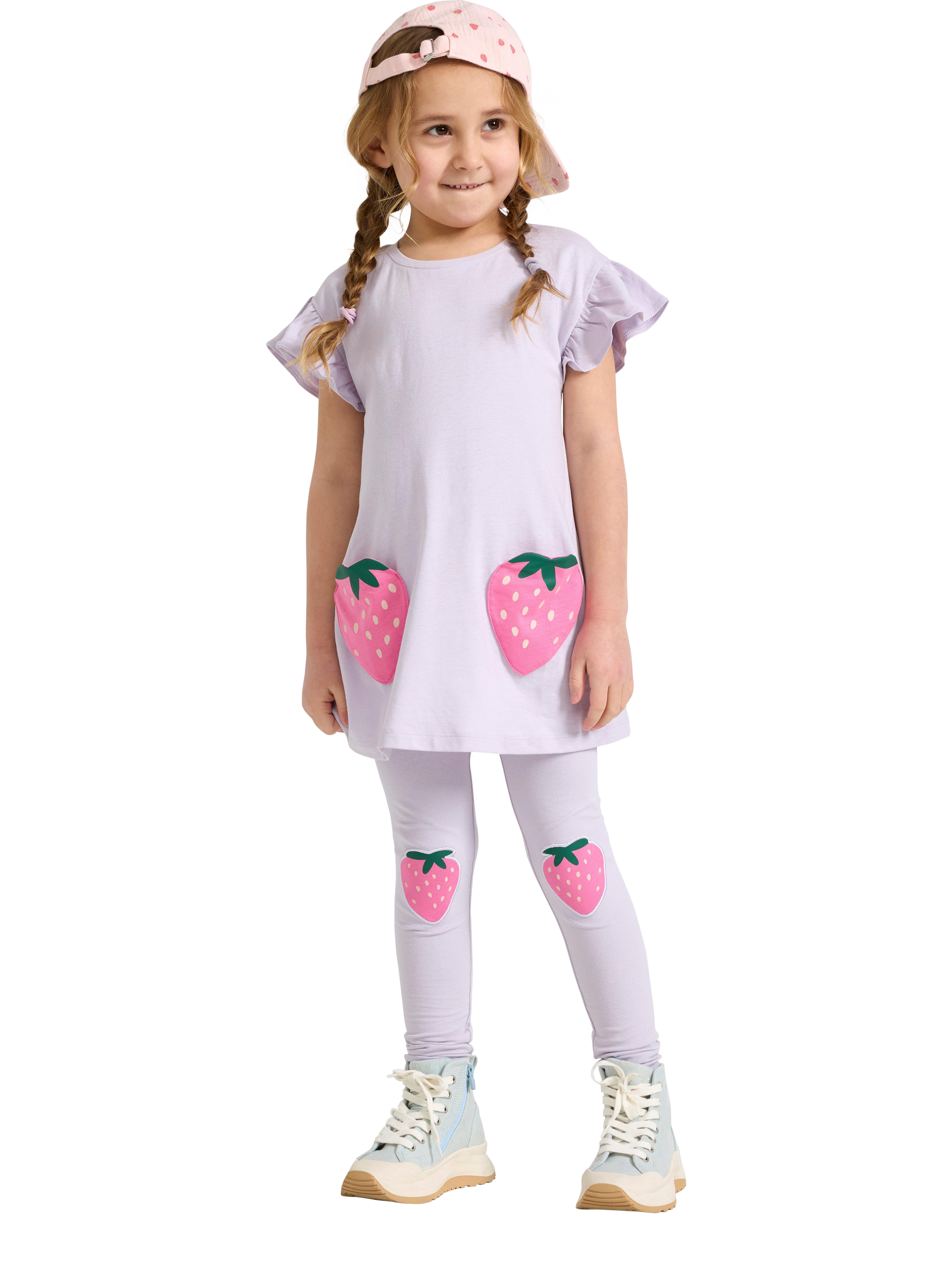 Product image 3 of 6, which shows Lindex Kids' Cotton Strawberry Pocket Tunic Top, Light Dusty Lilac, 6-7 years
